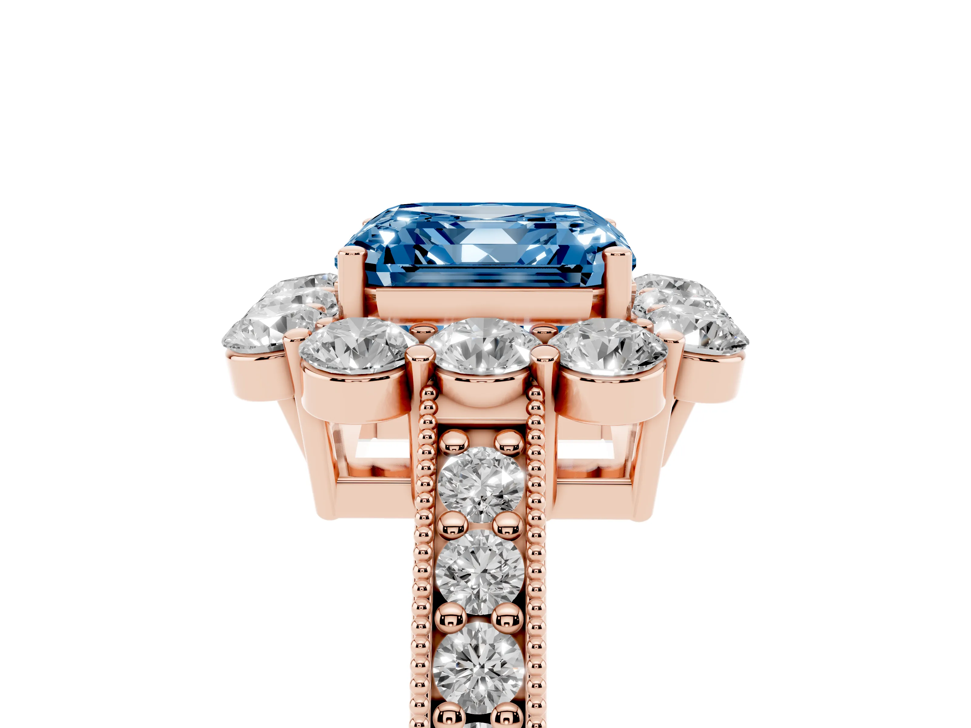 Fancy Blue Asscher Cut Diamond Halo Pavé Engagement Ring Set in Rose gold with Milgrain Detailing