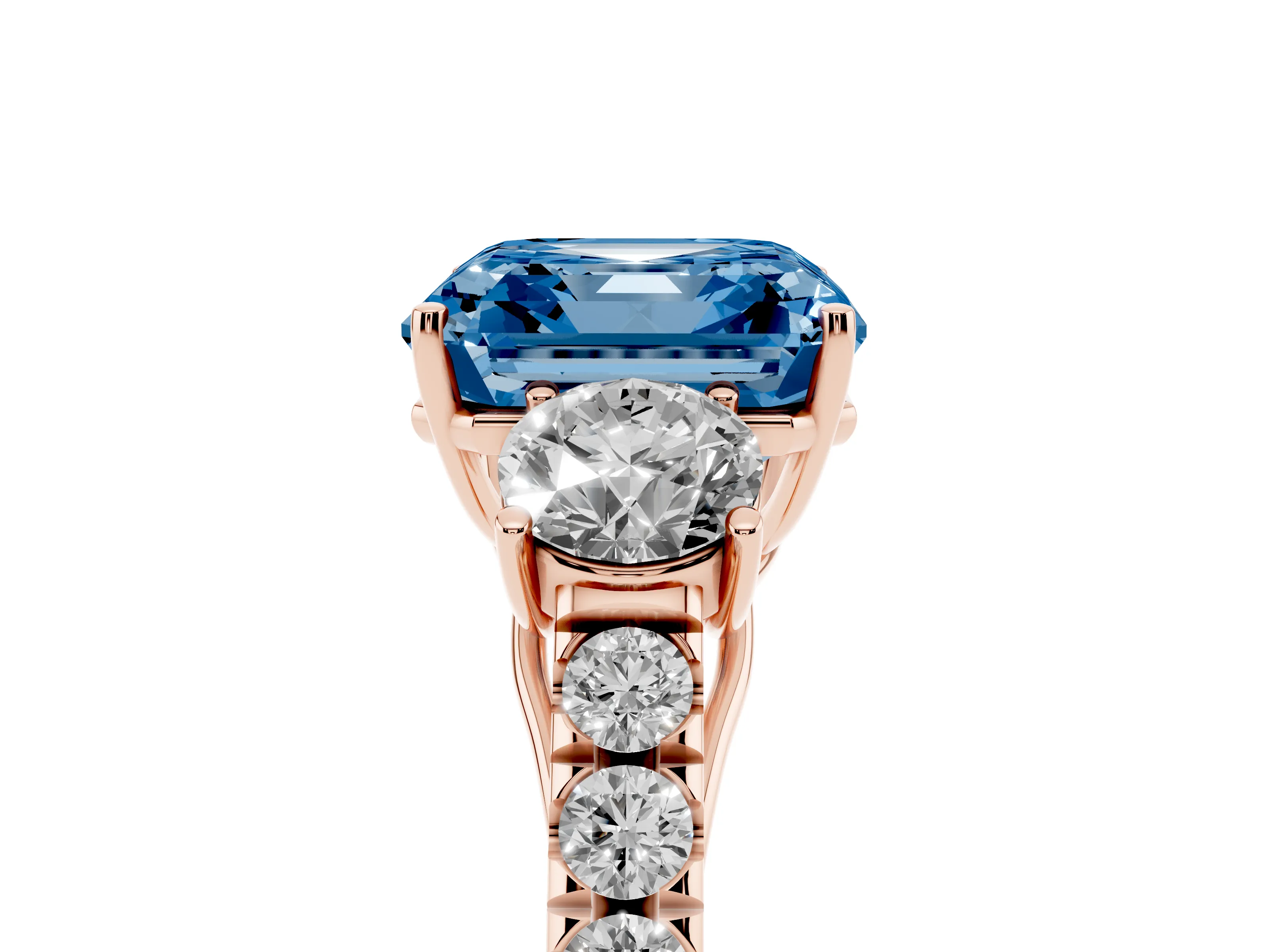Fancy Blue Asscher Cut Diamond Three-Stone Ring Set in Rose gold with Round Side Stones and Delicate Pavé Band