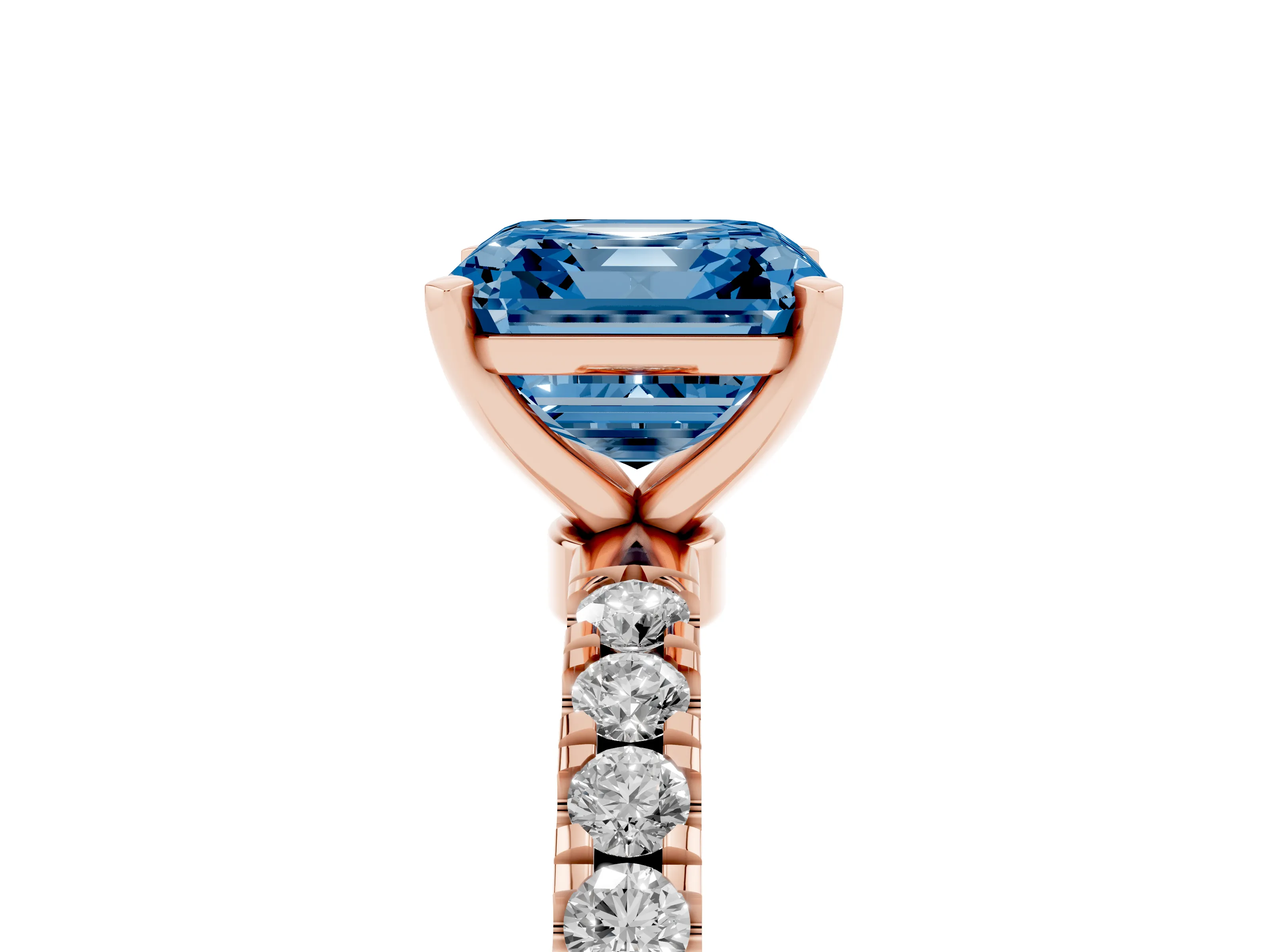 Fancy Blue Asscher Cut Diamond Solitaire Ring Set in Rose gold with Pavé Accents and Prong Setting