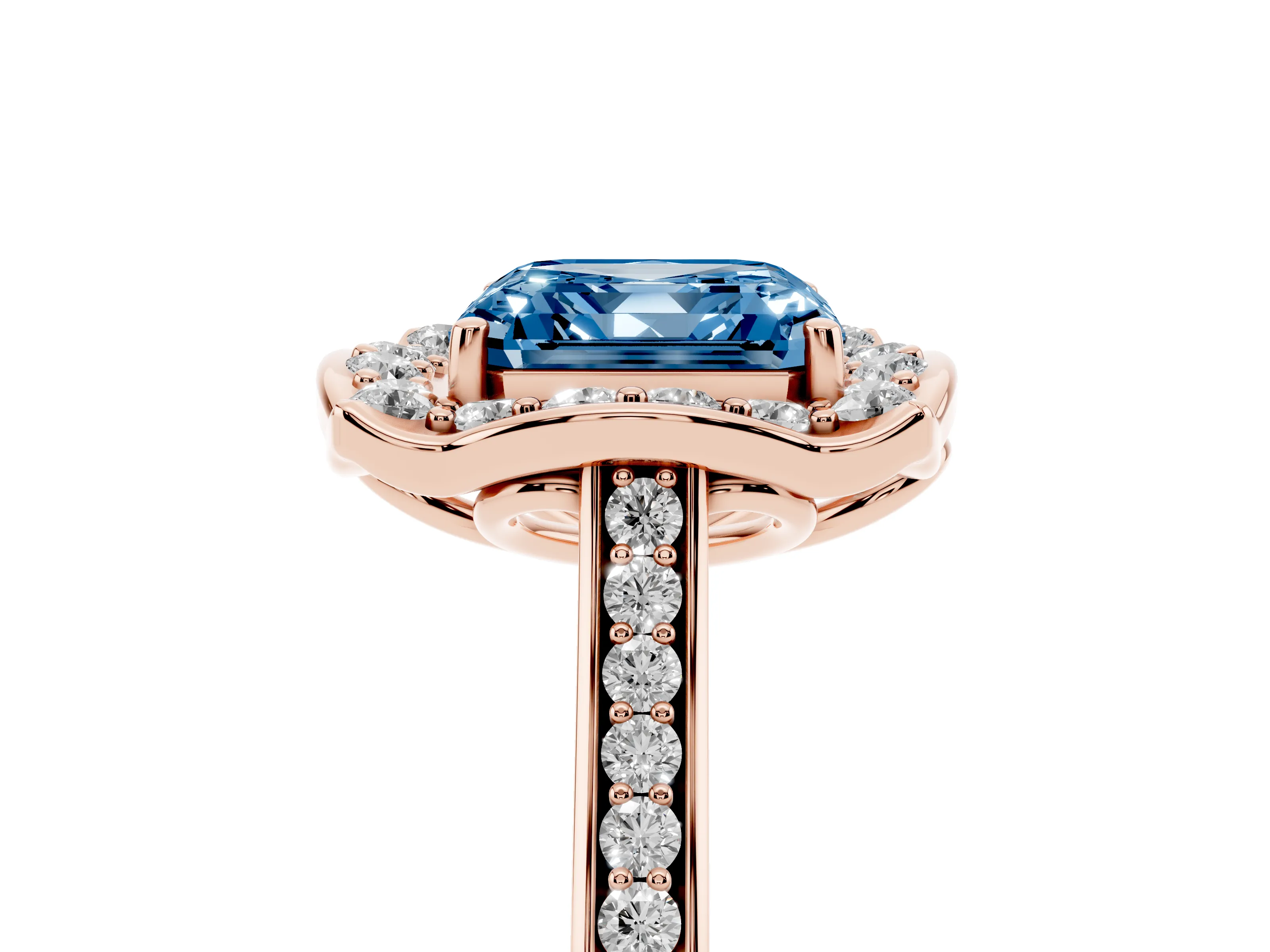 Fancy Blue Asscher Cut Diamond Halo Ring Set in Rose gold with Pavé-Lined Shoulders and Prong Setting