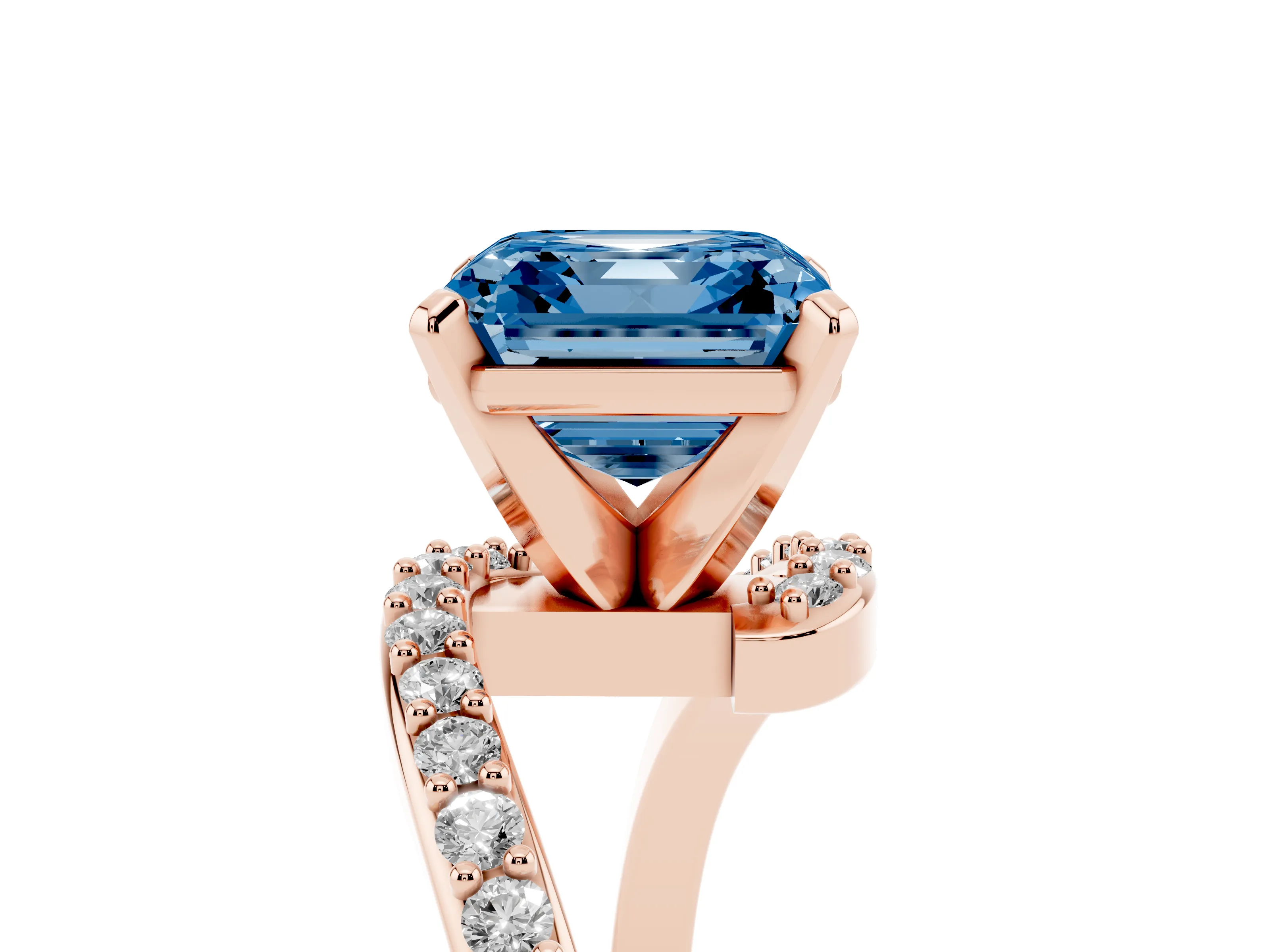 Fancy Blue Asscher Cut Diamond Solitaire Ring Set in Rose gold with Pavé Twist Band and Prong Setting
