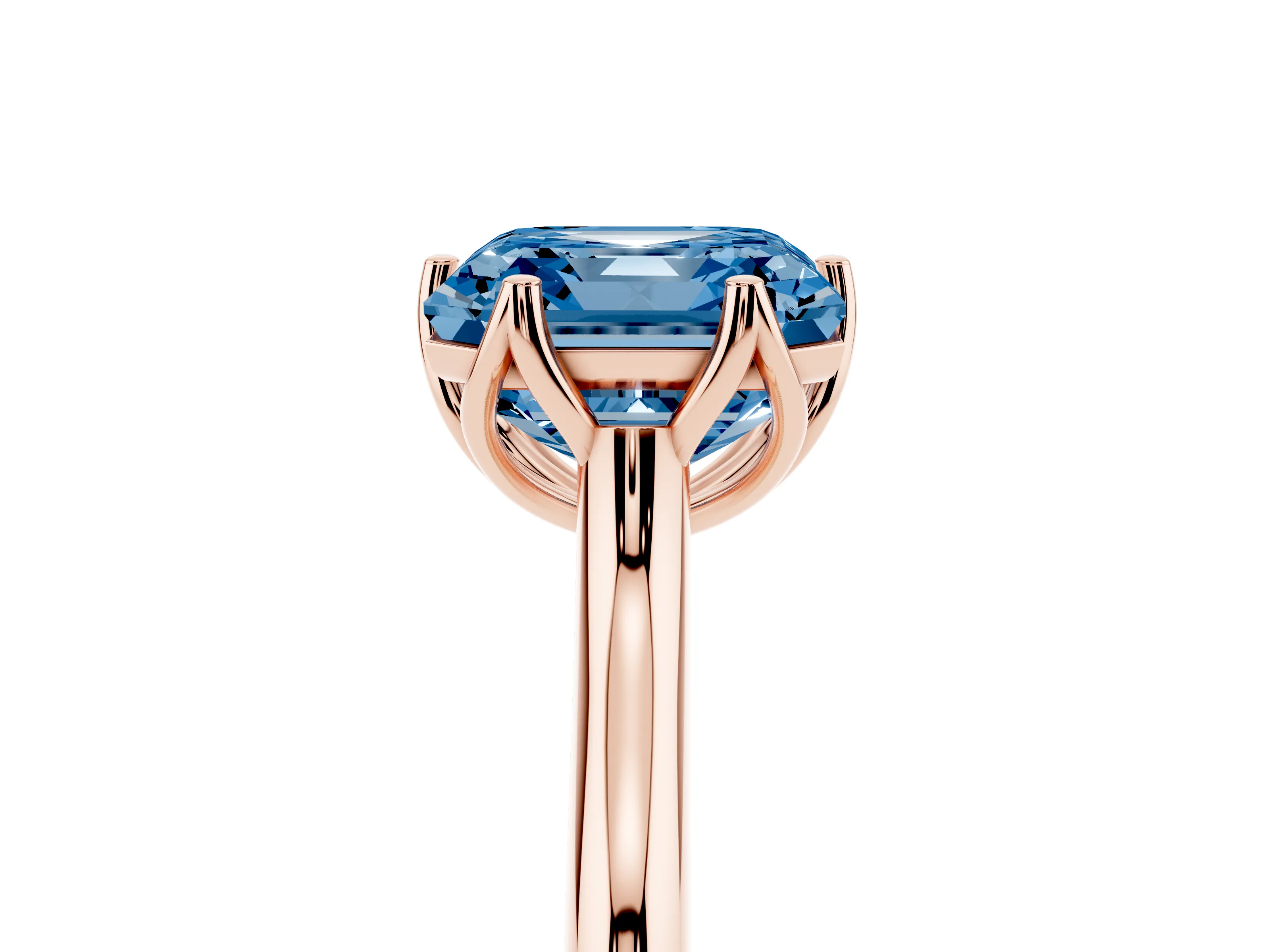 Fancy Blue Asscher Cut Diamond Solitaire Cathedral Ring Set in Rose gold with Prong Setting