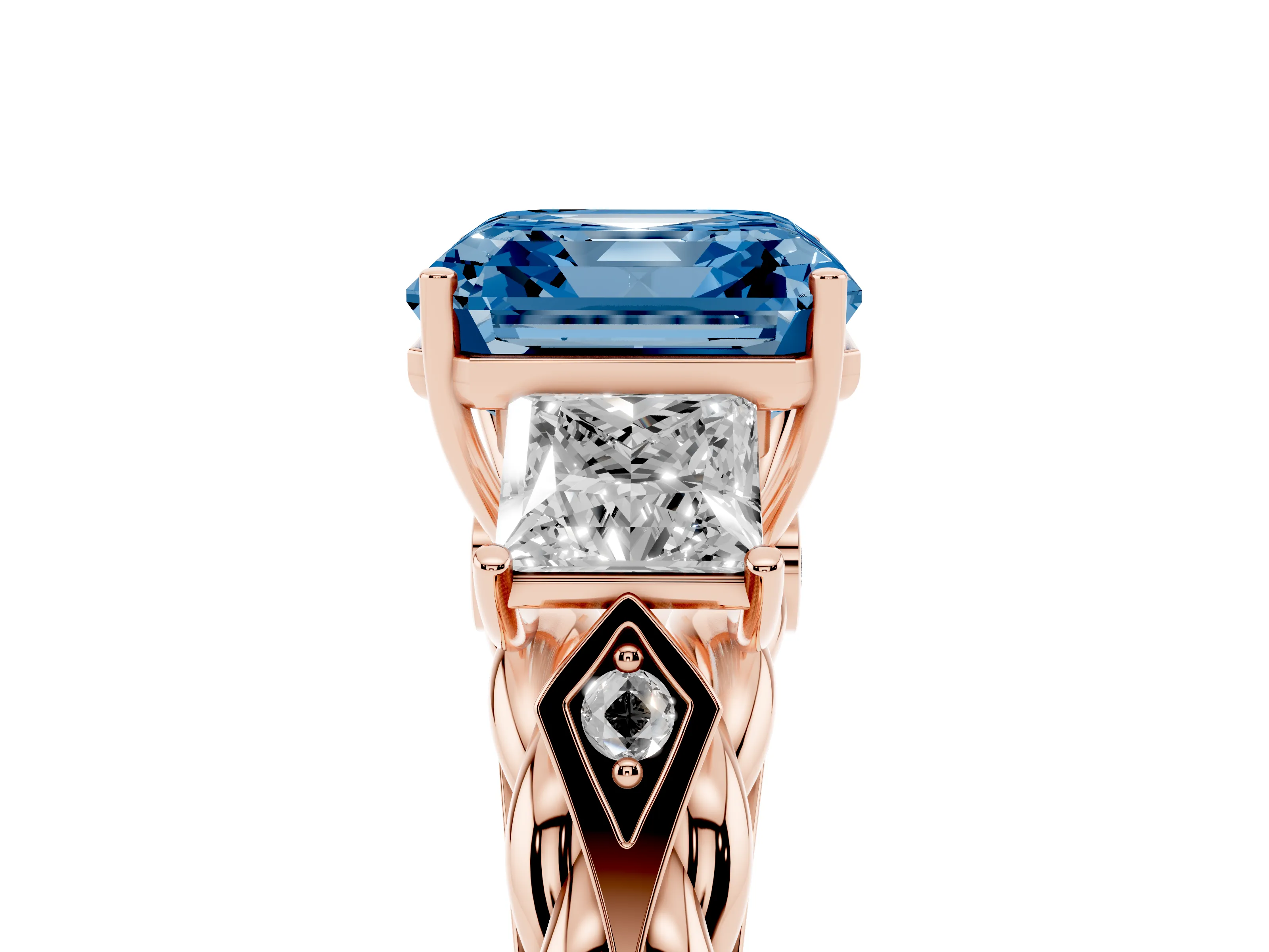 Fancy Blue Asscher Cut Diamond Three-Stone Ring Set in Rose gold with Braided Band