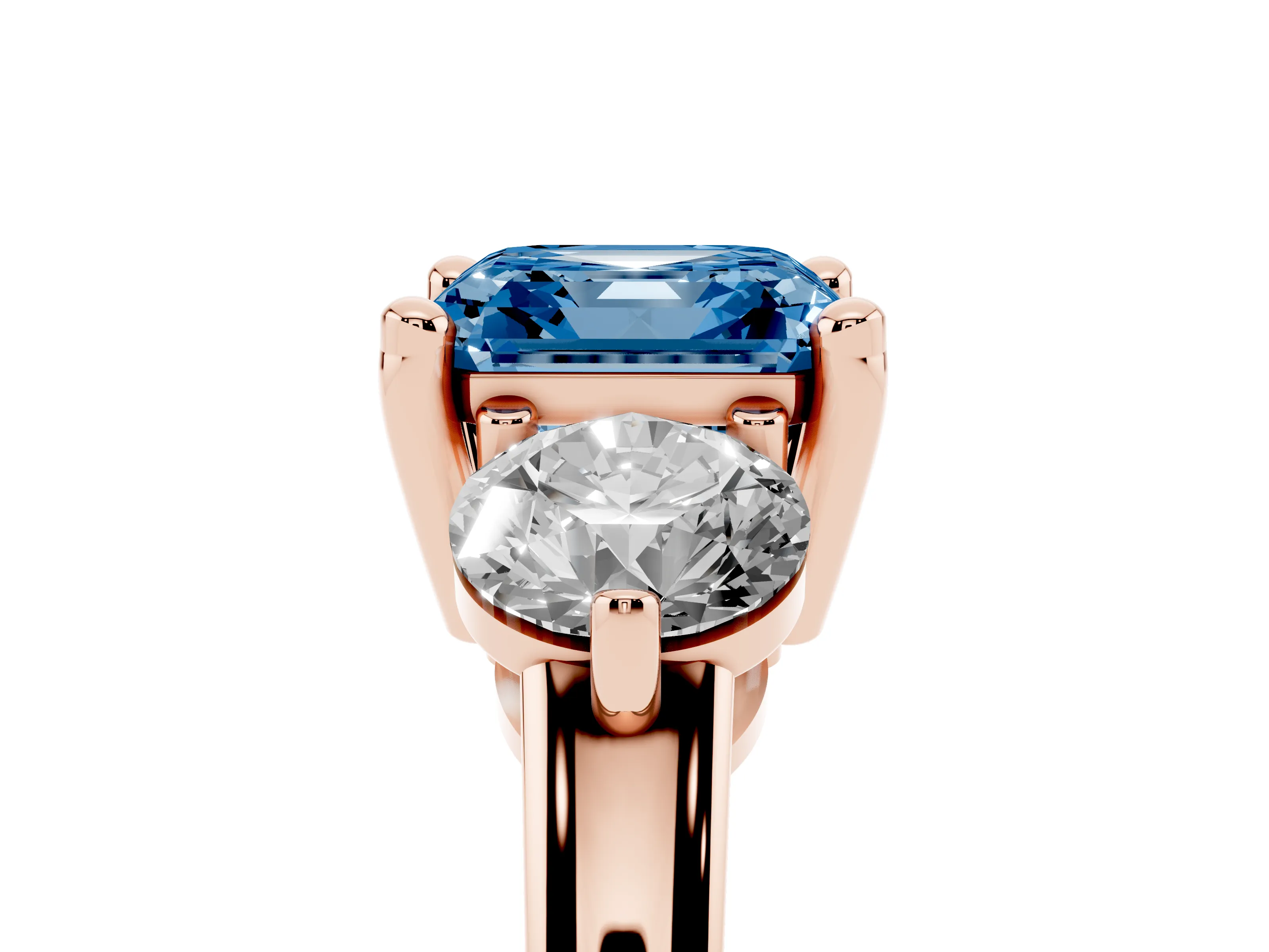 Fancy Blue Asscher Cut Diamond Three-Stone Ring Set in Rose gold with Prong Setting and Classic Band