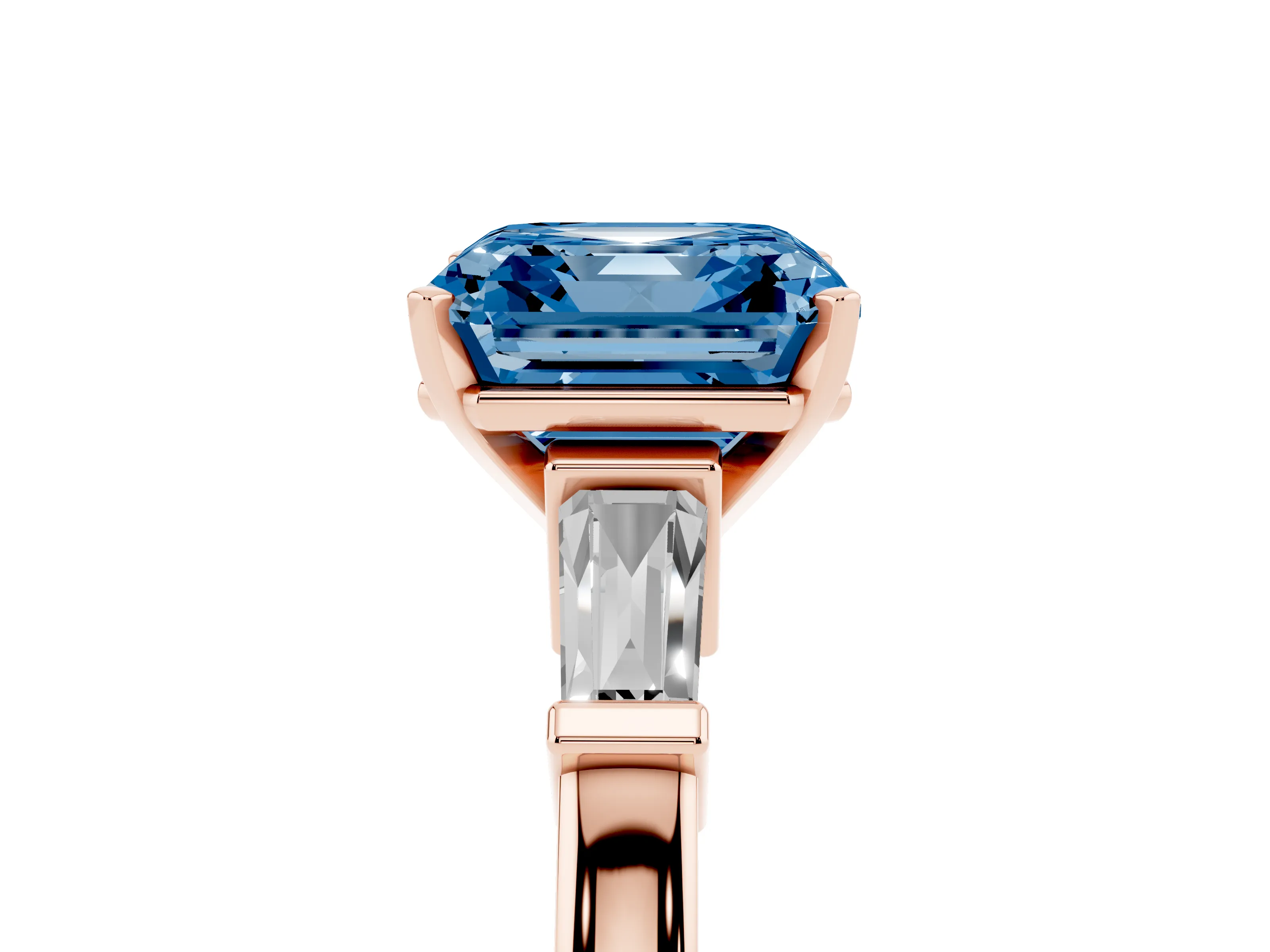 Fancy Blue Asscher Cut Diamond Solitaire Ring Set in Rose gold with Tapered Baguette Accents and Prong Setting