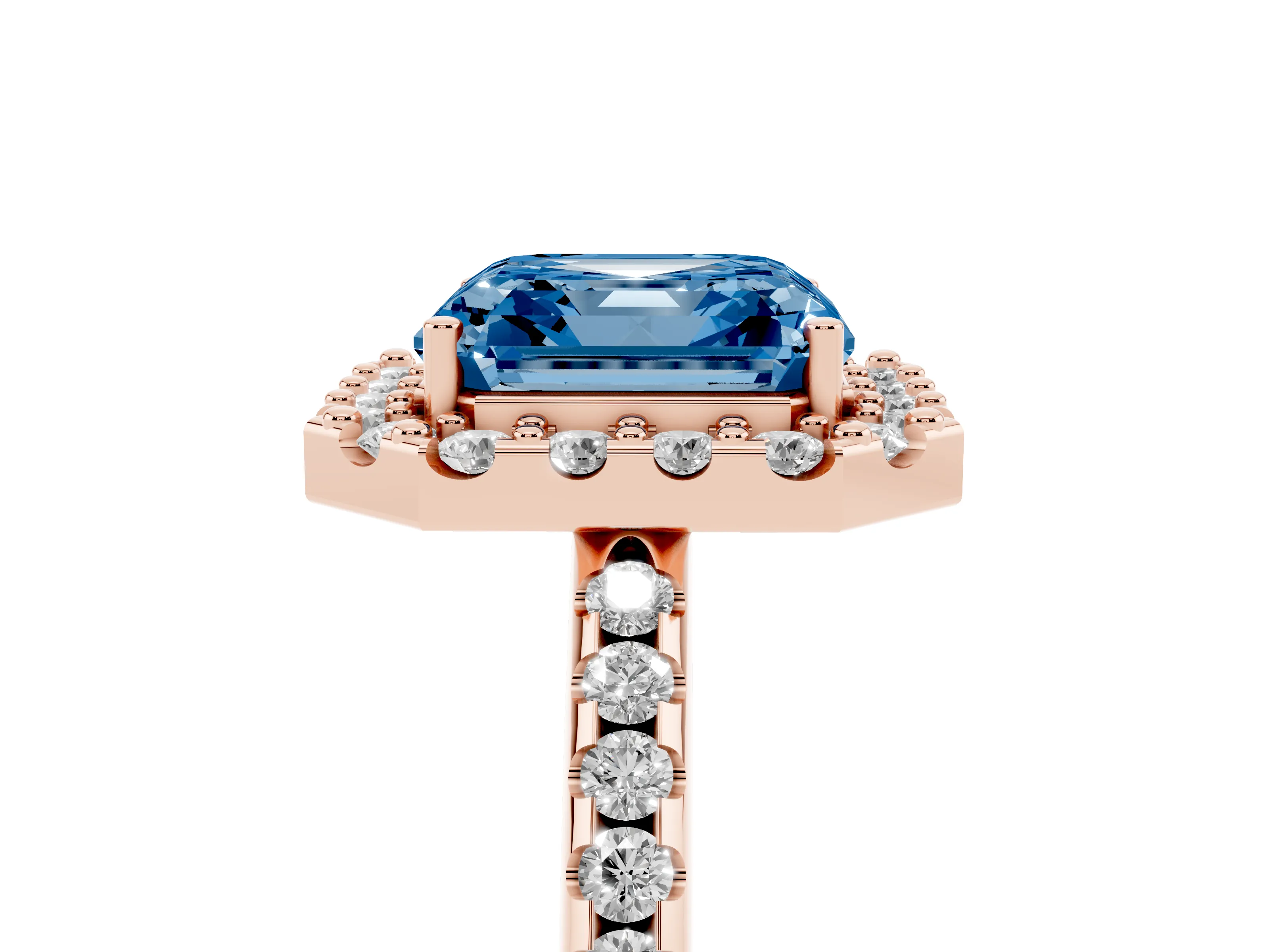 Fancy Blue Asscher Cut Diamond Pavé Halo Ring Set in Rose gold with Prong Setting