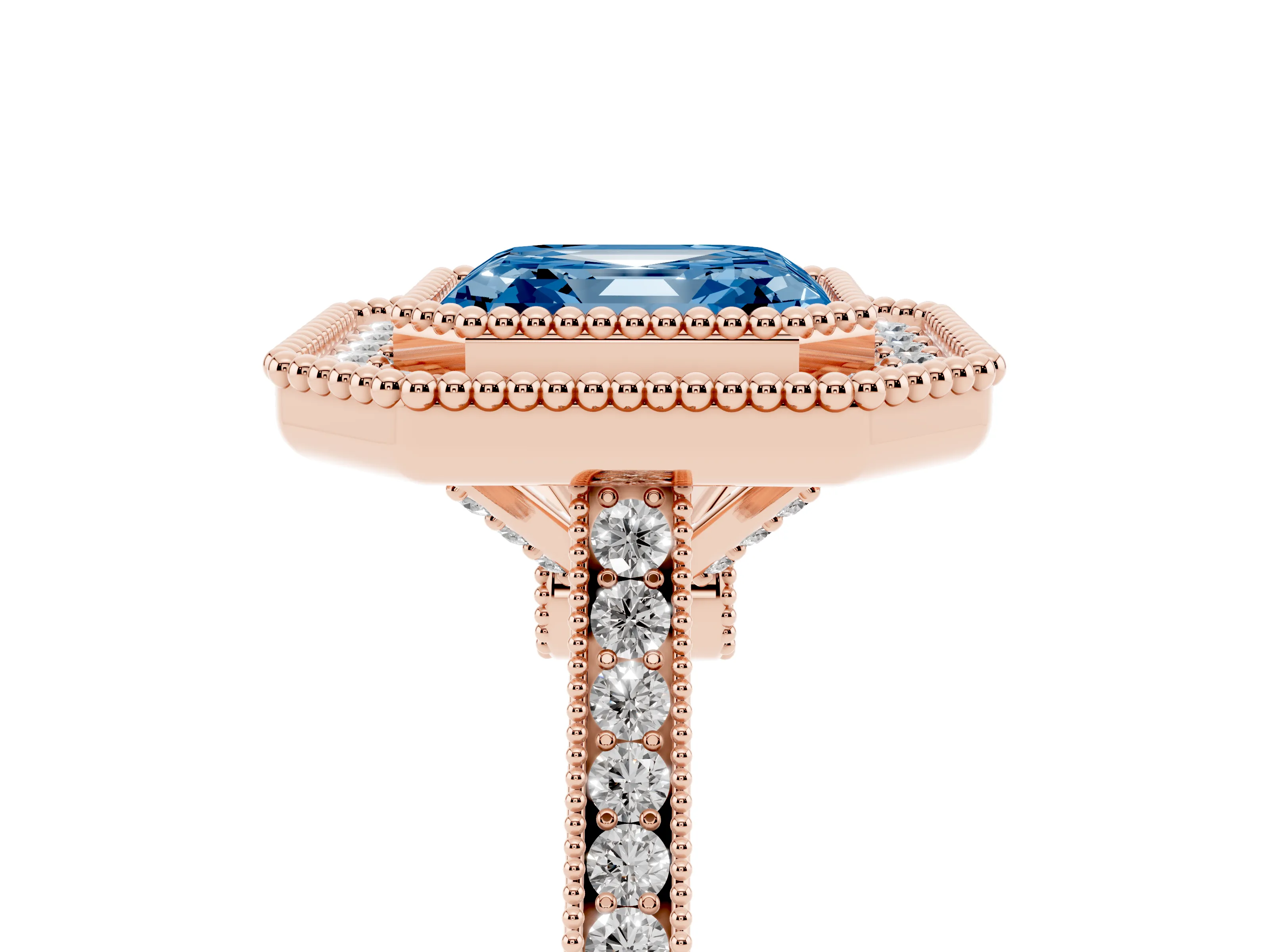 Fancy Blue Asscher Cut Diamond Halo Ring Set in Rose gold with Milgrain Frame and Pavé Band