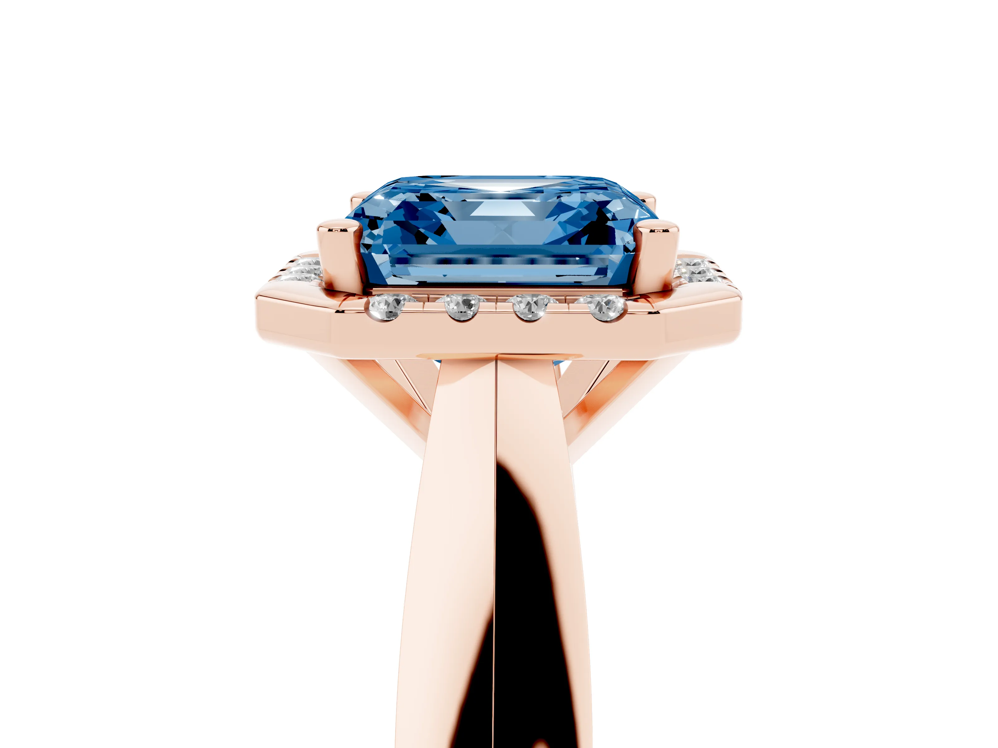 Fancy Blue Asscher Cut Diamond Halo Solitaire Engagement Ring Set in Rose gold with Square Band and Prong Setting