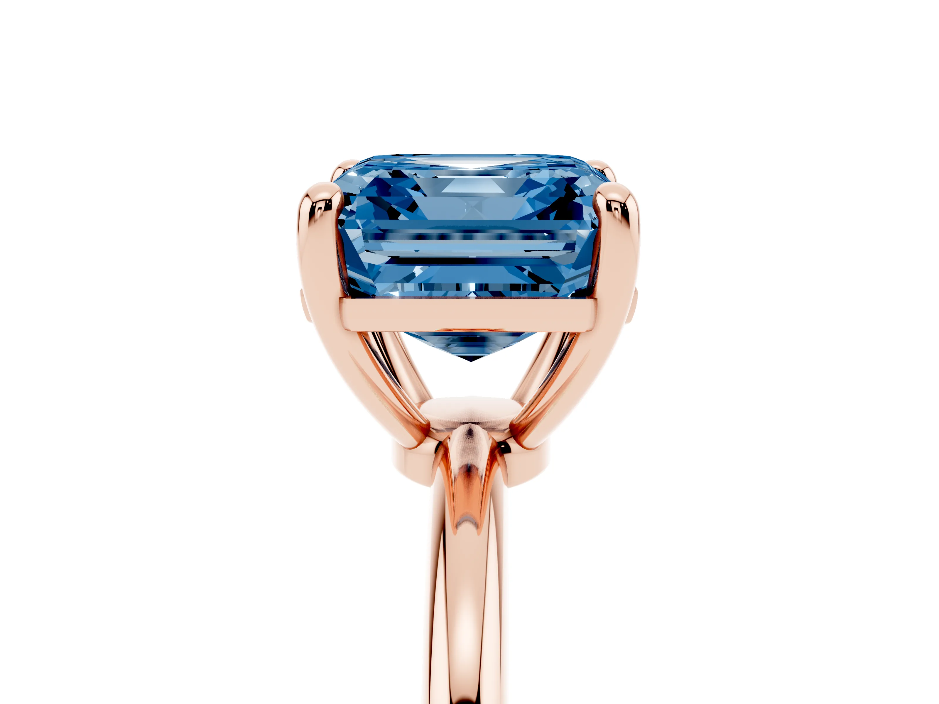 Fancy Blue Asscher Cut Diamond Solitaire Ring Set in Rose gold with Secure Prong Setting on a Classic Band