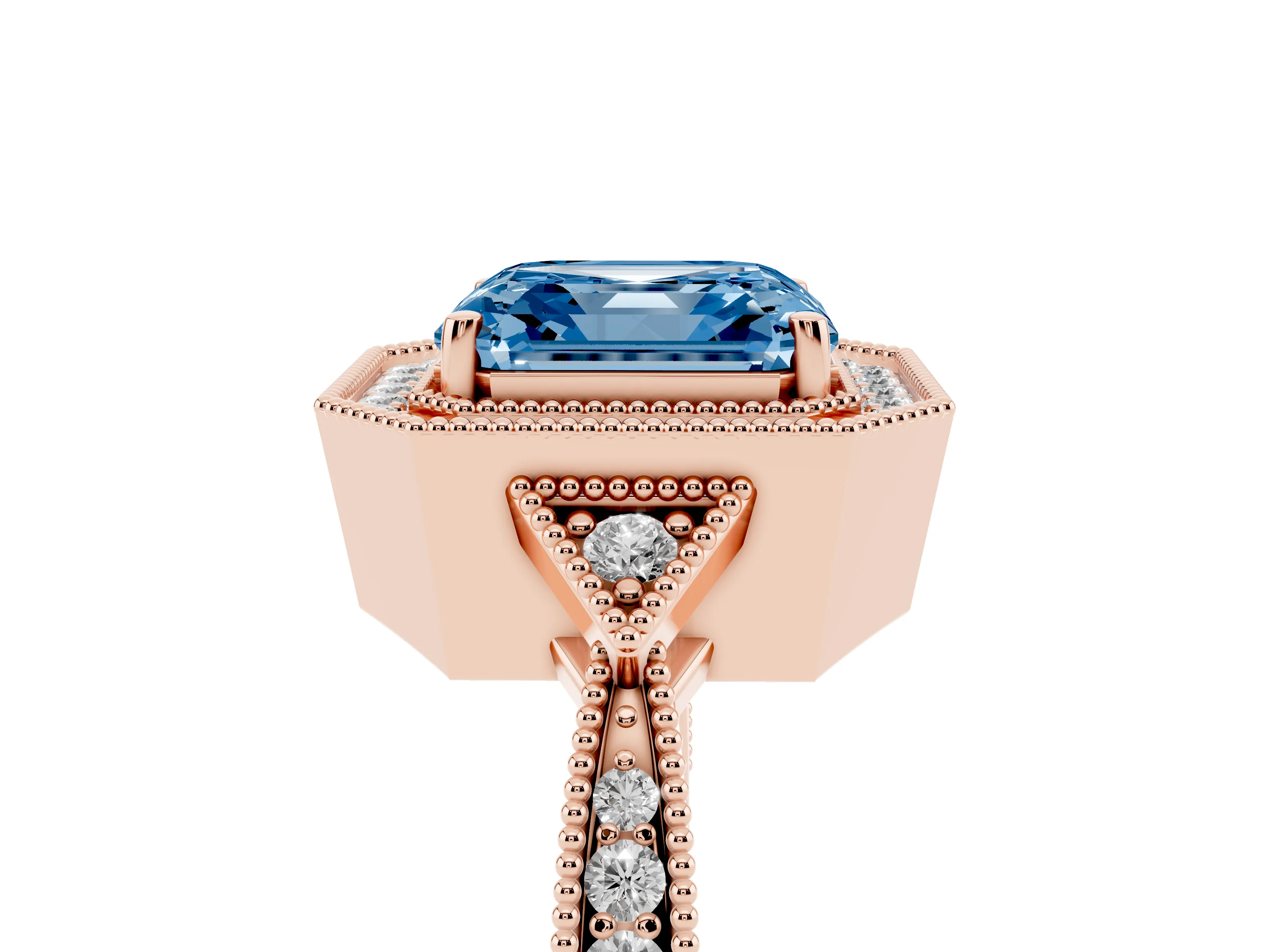 Fancy Blue Asscher Cut Diamond Halo Engagement Ring Set in Rose gold with Milgrain Pavé Band
