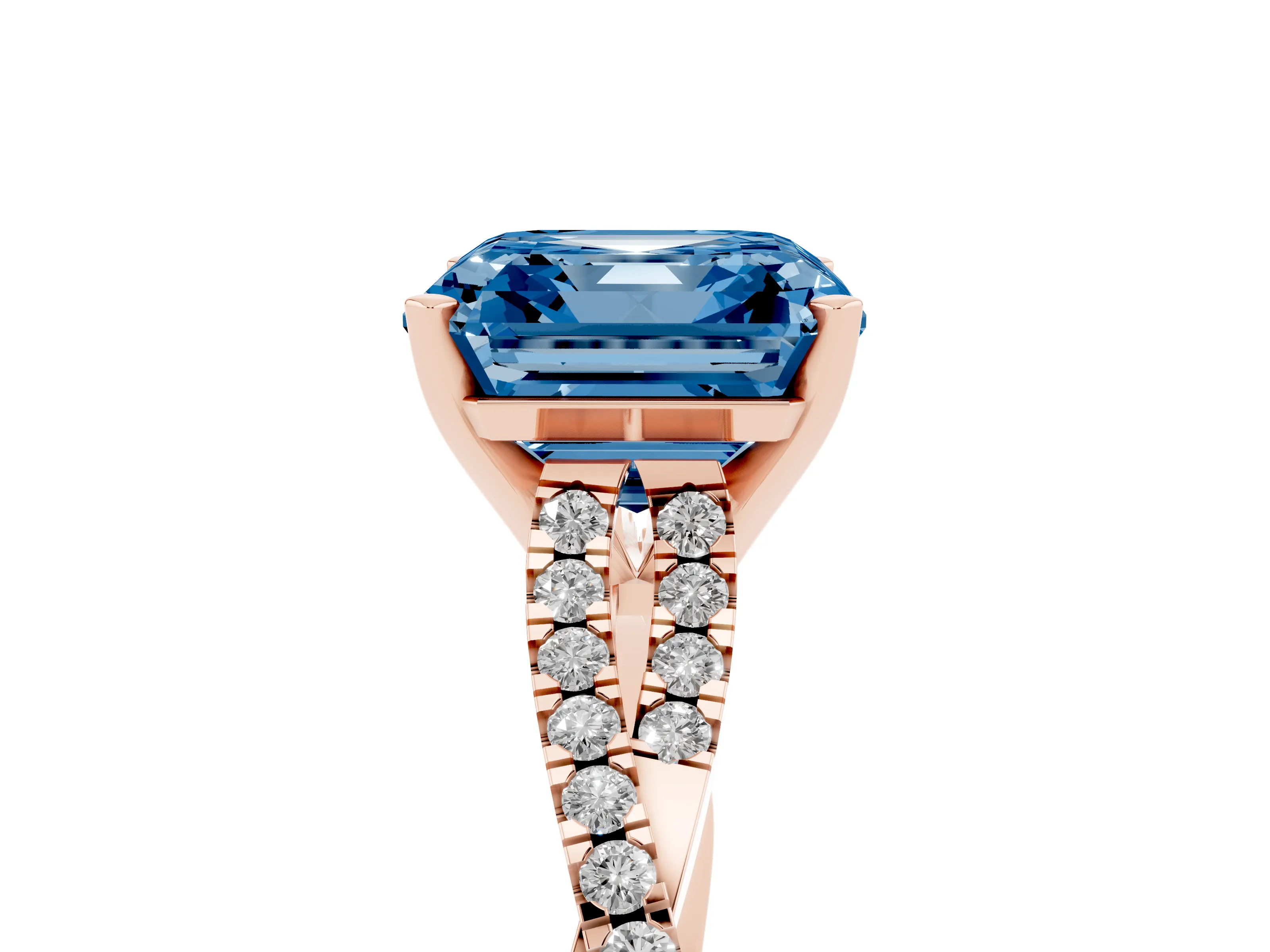 Fancy Blue Asscher Cut Diamond Solitaire Engagement Ring Set in Rose gold with Twisted Pavé Band and Prong Setting