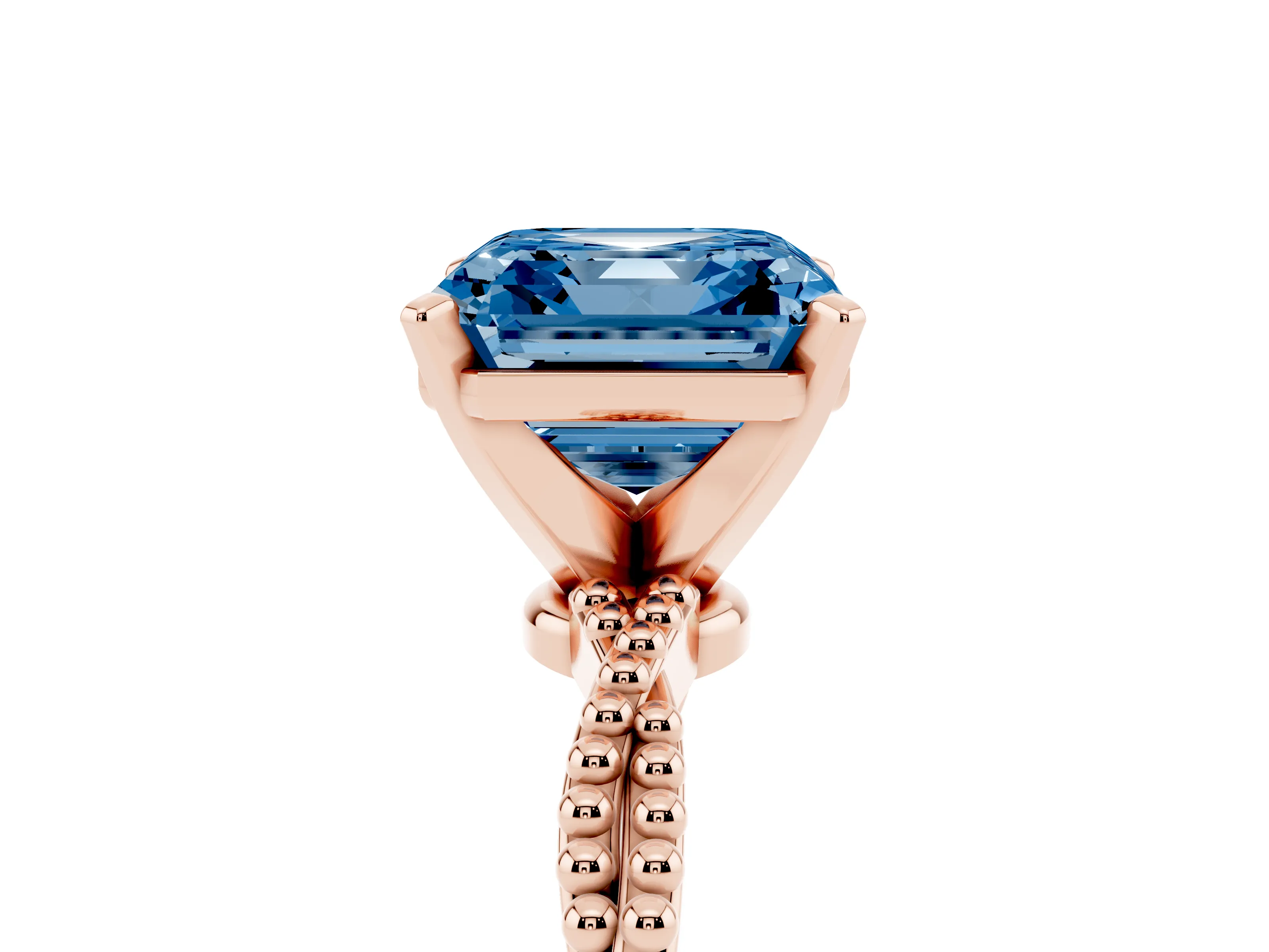 Fancy Blue Asscher Cut Diamond Solitaire Ring Set in Rose gold with Twisted Band and Bead Prong Setting
