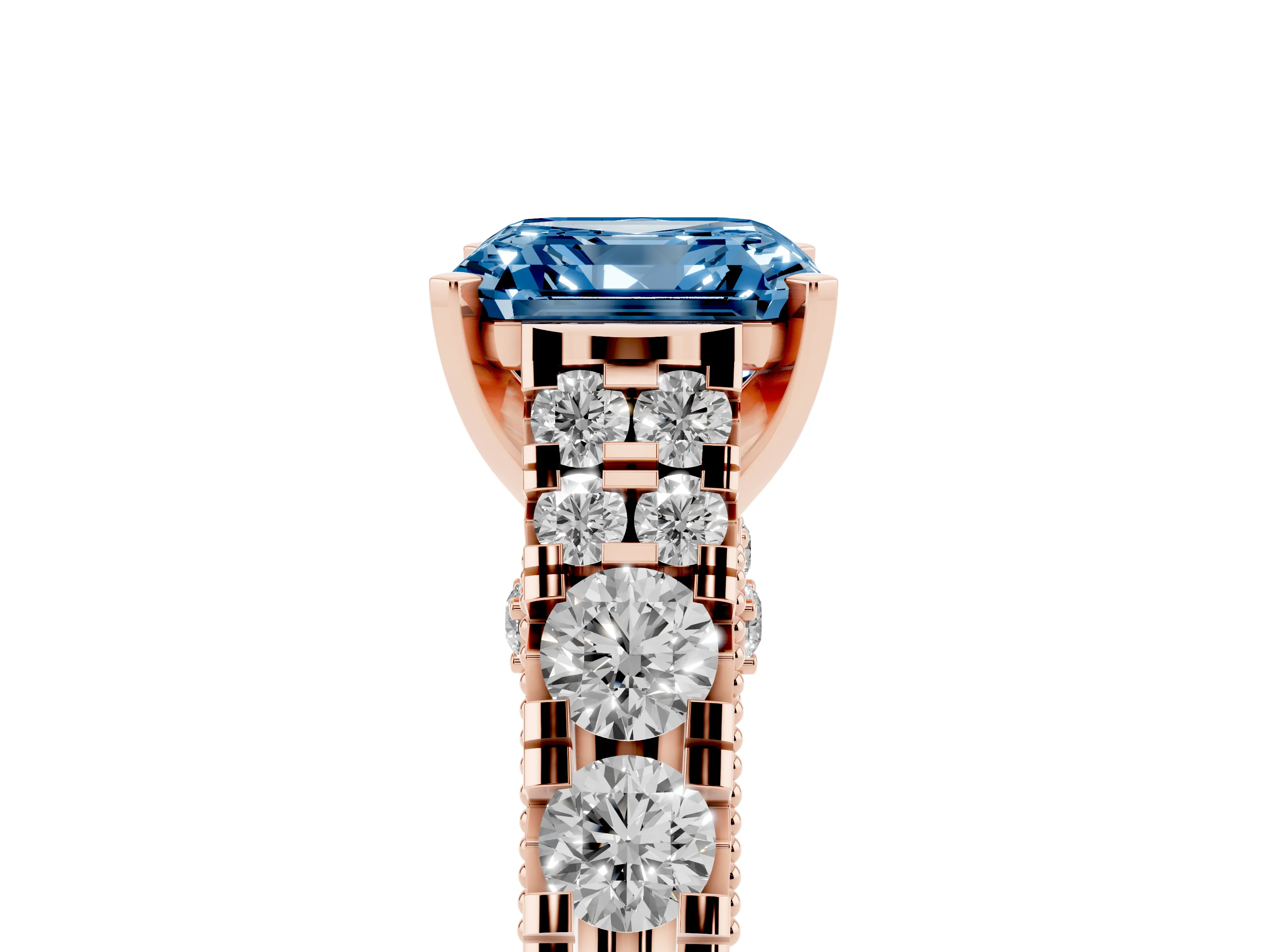 Fancy Blue Asscher Cut Diamond Classic Solitaire Ring Set in Rose gold with Pavé Band and Prong Setting
