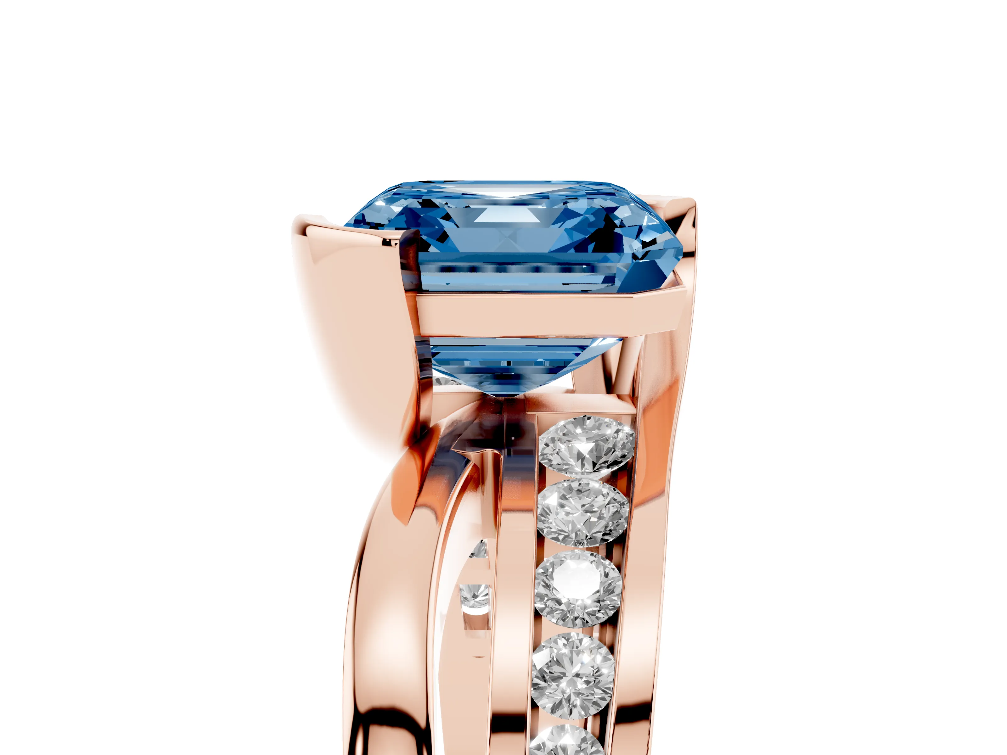 Fancy Blue Asscher Cut Diamond Solitaire Ring Set in Rose gold with Channel Set Split Shank and Tension Prongs