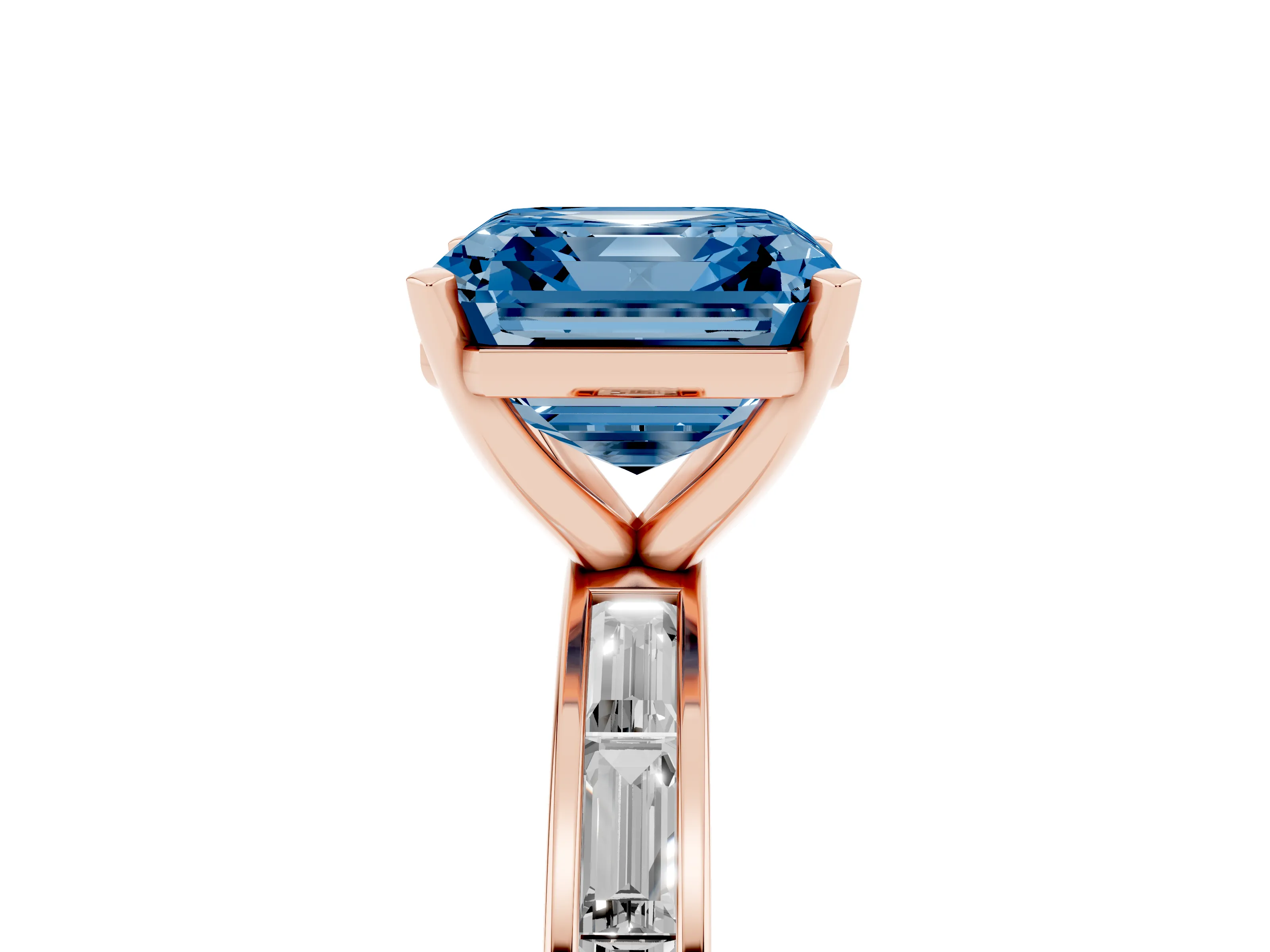 Fancy Blue Asscher Cut Diamond Solitaire Ring Set in Rose gold with Channel-Set Baguette Band and Prong Setting