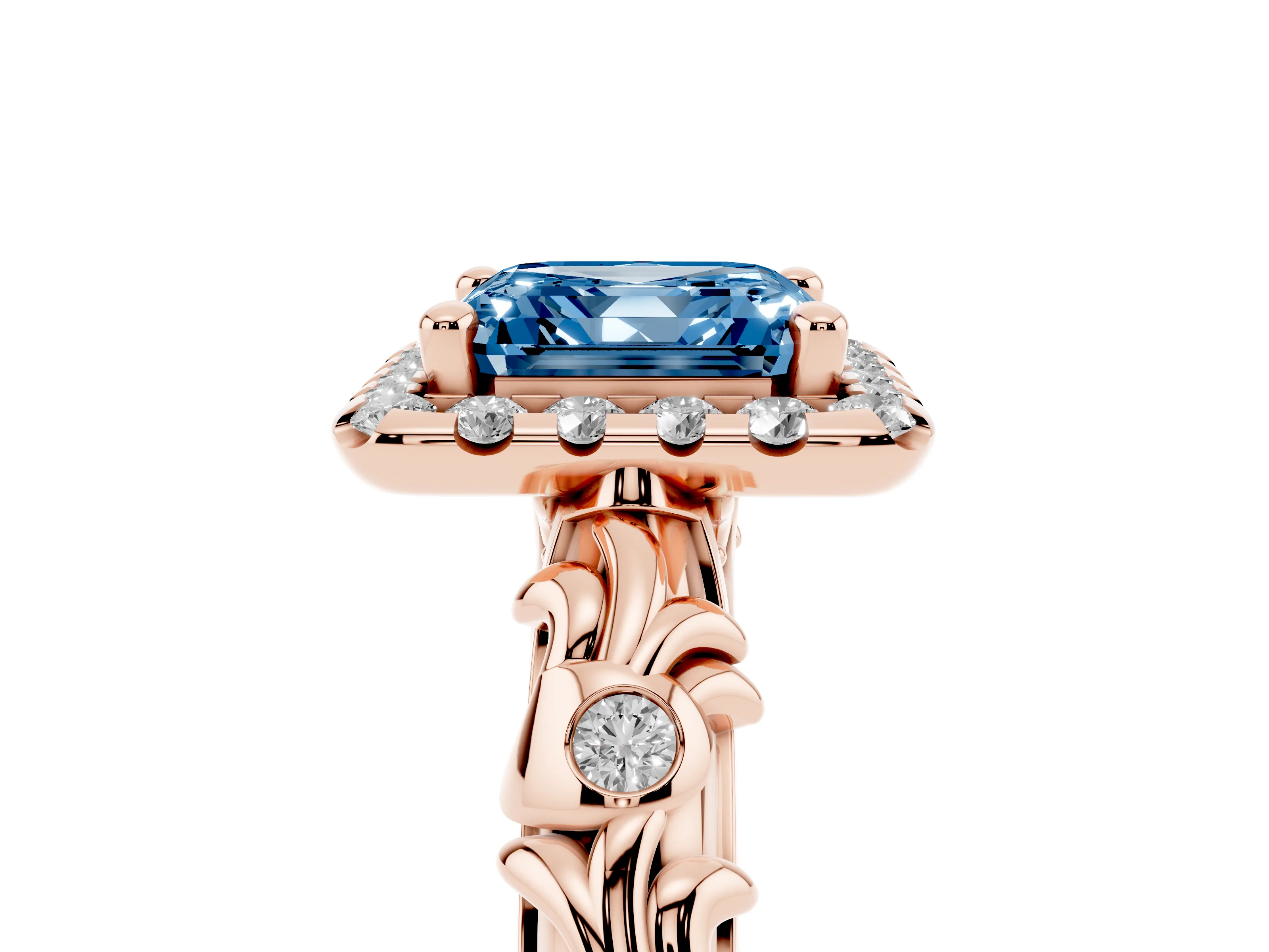 Fancy Blue Asscher Cut Diamond Halo Ring Set in Rose gold with Filigree Leaf Band and Prong Setting