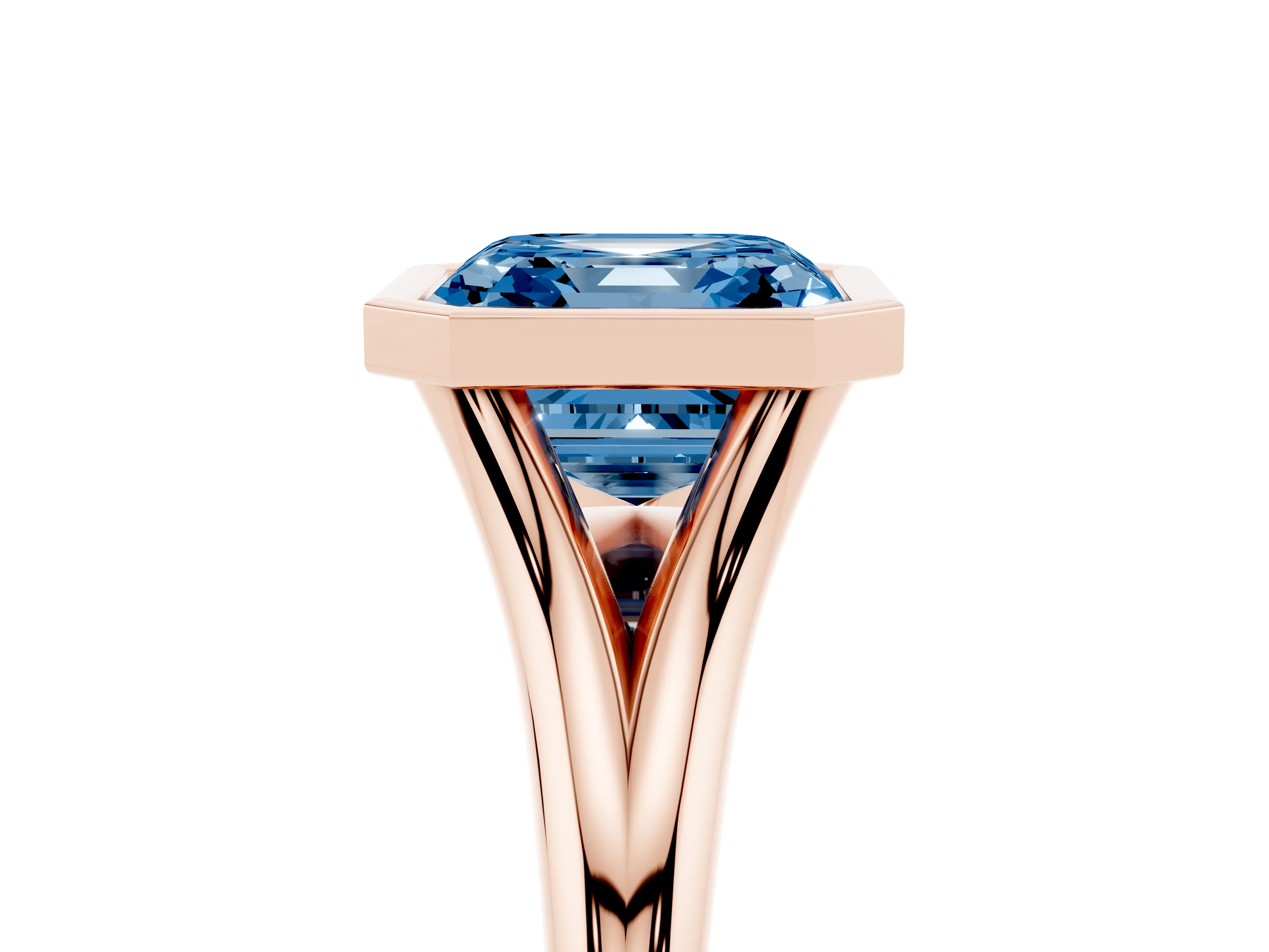 Fancy Blue Bezel Set Asscher Cut Diamond Solitaire Ring Set in Rose gold with Tapered Band