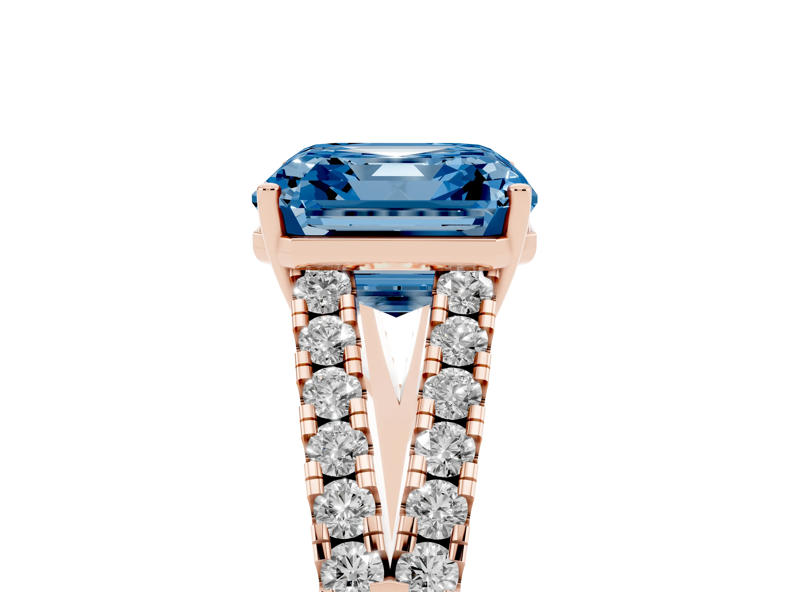 Fancy Blue Asscher Cut Diamond Split Shank Pavé Engagement Ring Set in Rose gold with Prong-Held Center Stone