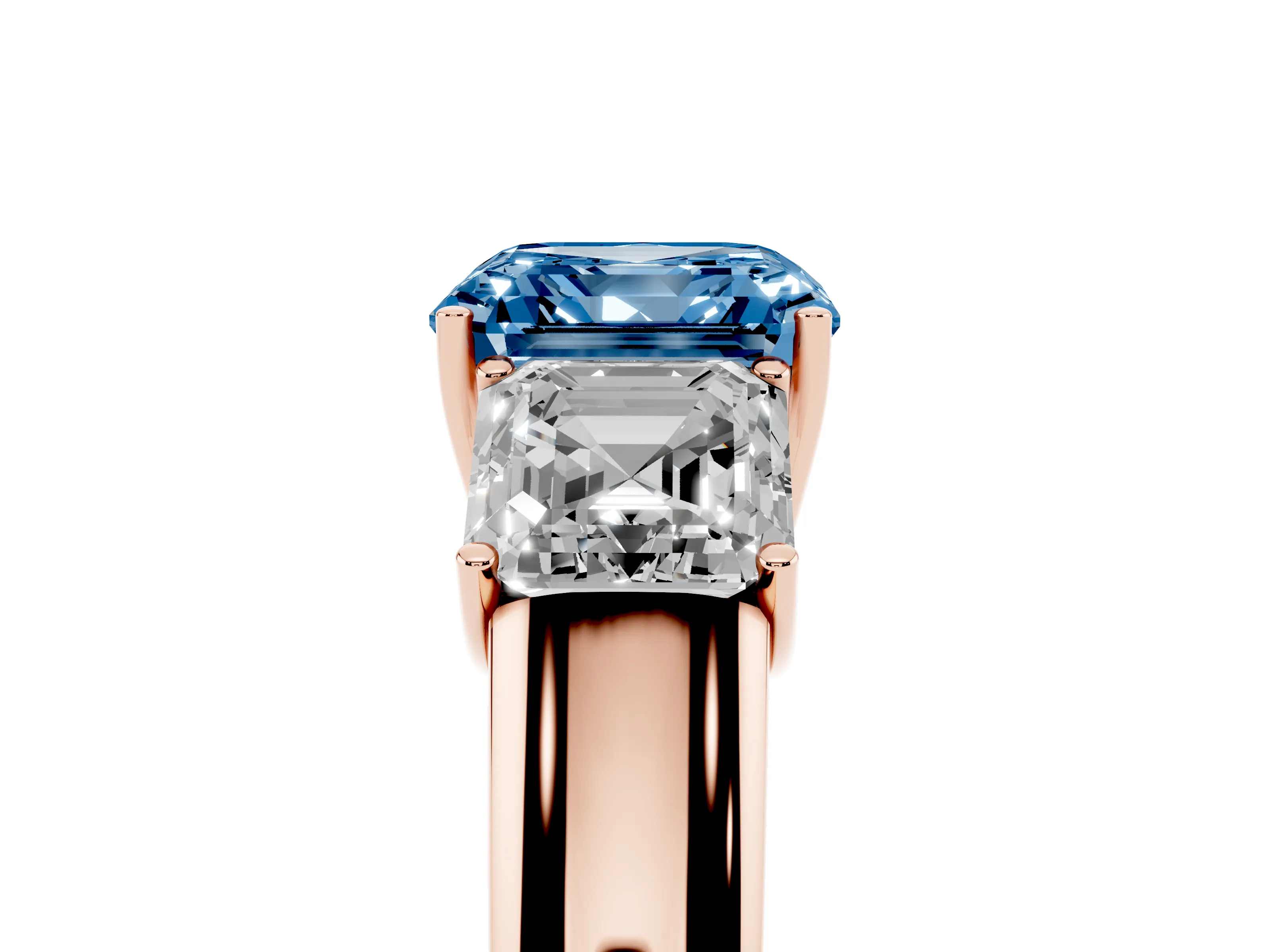 Fancy Blue Three-Stone Asscher Cut Diamond Ring Set in Rose gold with Matching Prong Settings and Plain Band