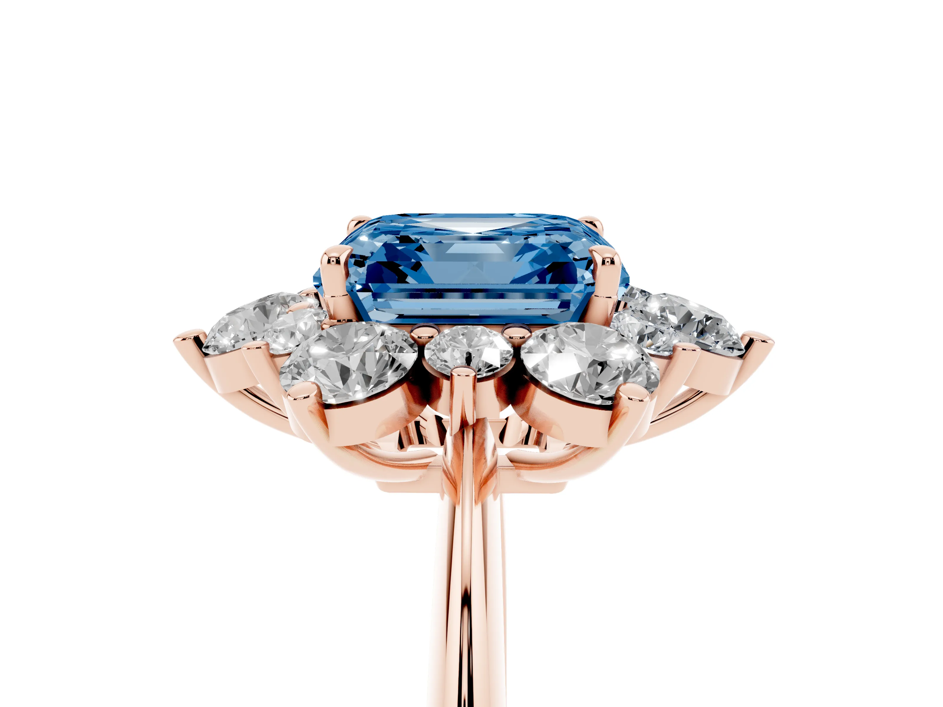 Fancy Blue Asscher Cut Diamond Cluster Halo Ring Set in Rose gold with Solitaire Band and Prong Setting