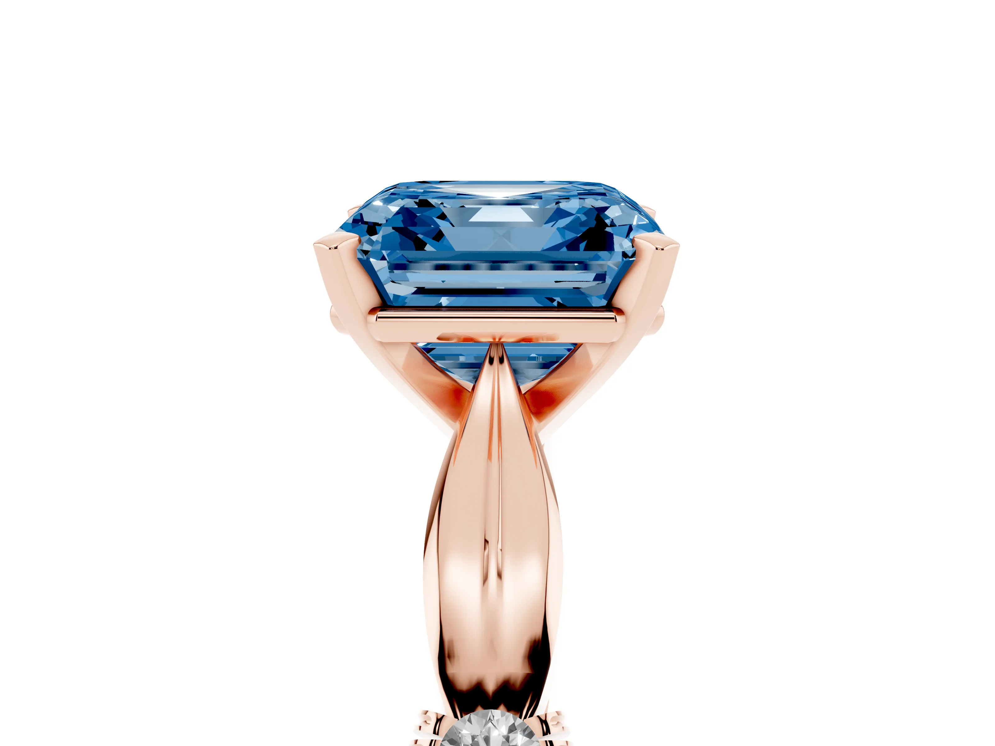 Fancy Blue Asscher Cut Diamond Solitaire Twisted Band Ring Set in Rose gold with Accent Stones and Prong Setting