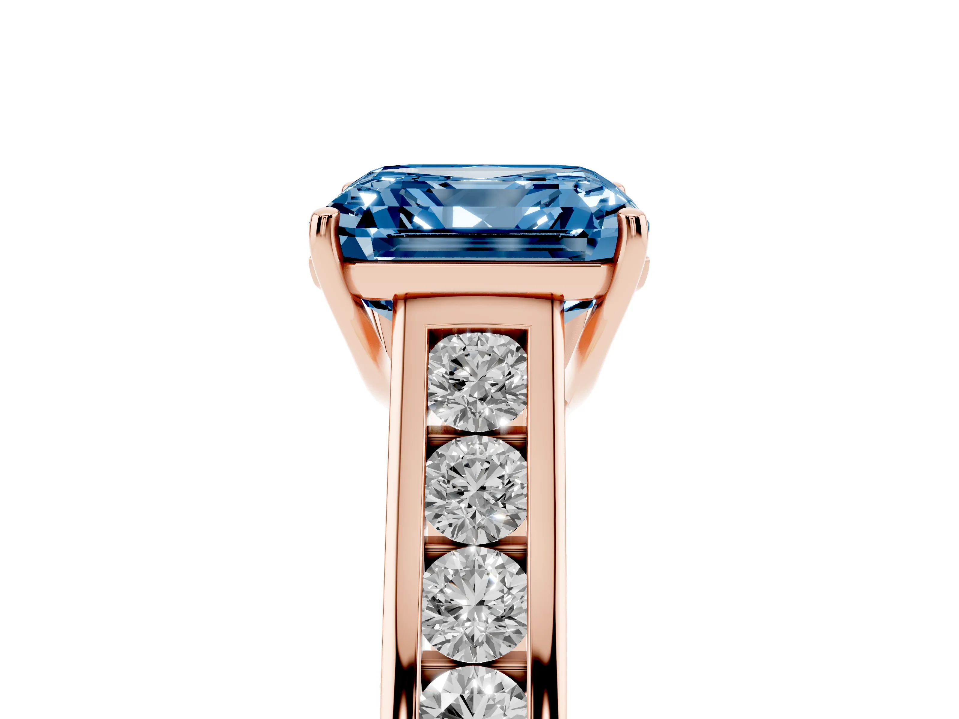 Fancy Blue Asscher Cut Diamond Brilliant Channel-Set Solitaire Ring Set in Rose gold with Prong Setting