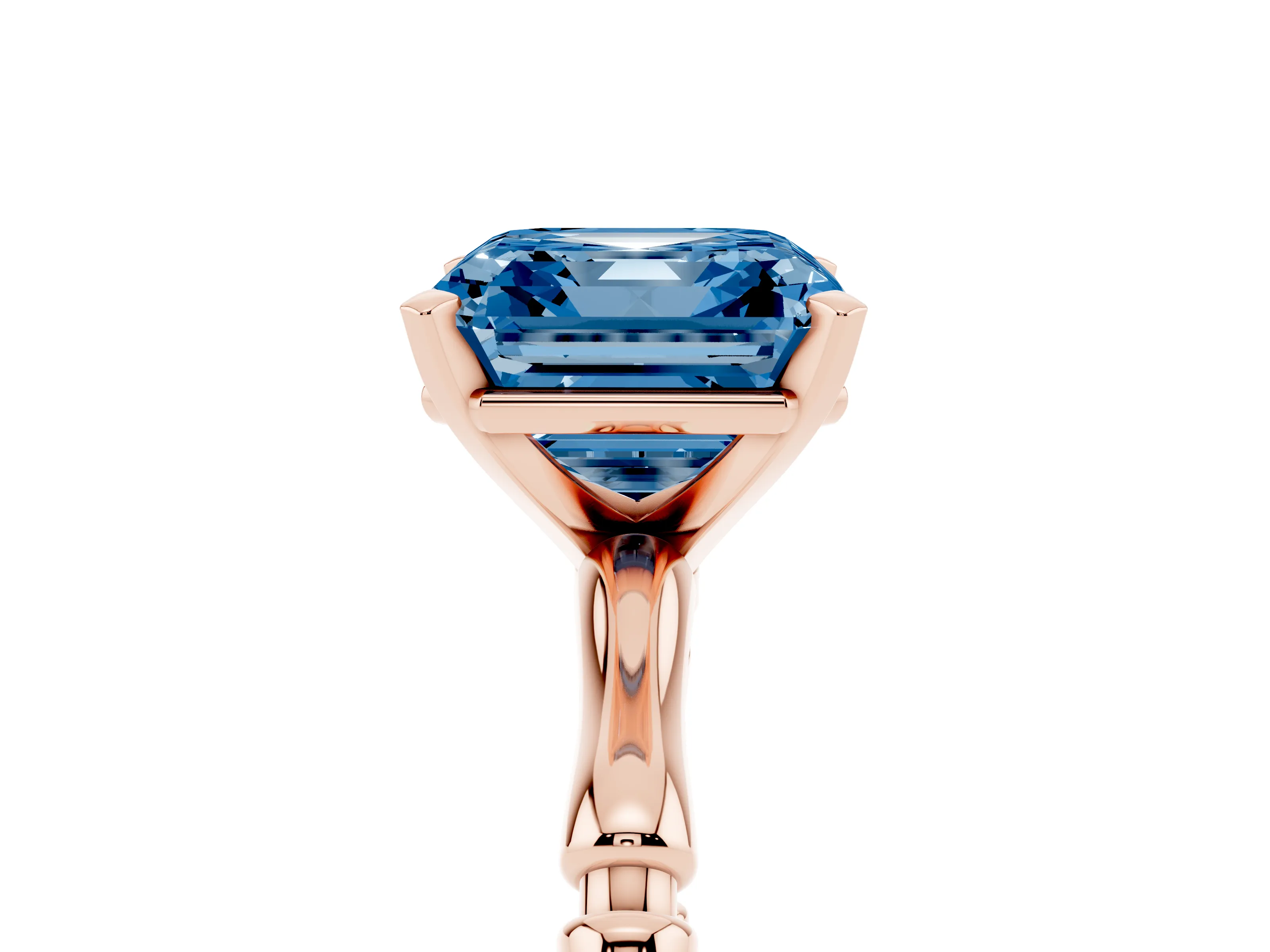 Fancy Blue Asscher Cut Diamond Solitaire Ring Set in Rose gold with Bamboo Band and Prong Setting