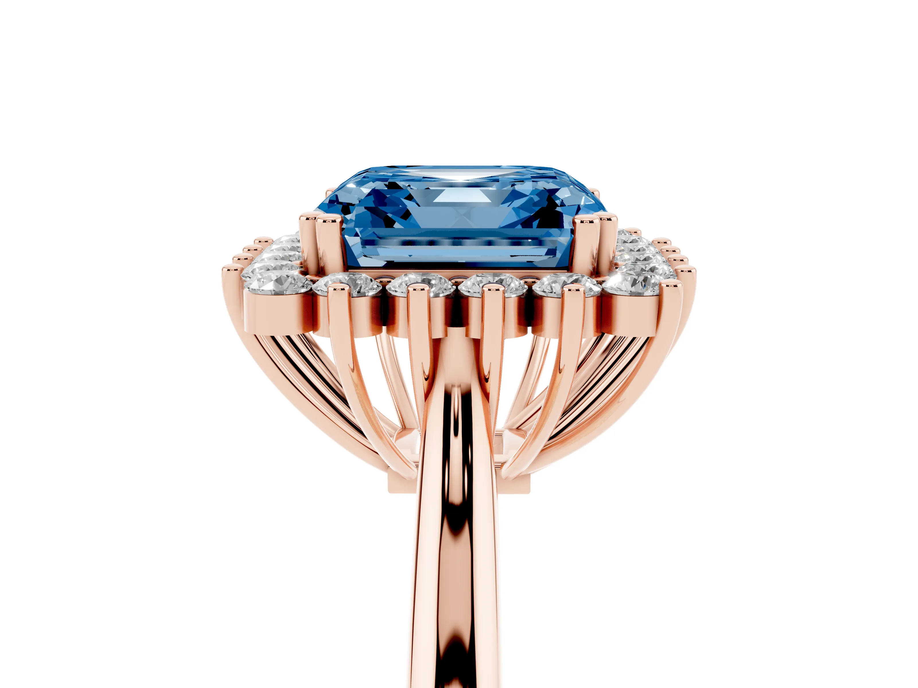 Fancy Blue Asscher Cut Diamond Halo Ring Set in Rose gold with Plain Solitaire Band and Prong Setting