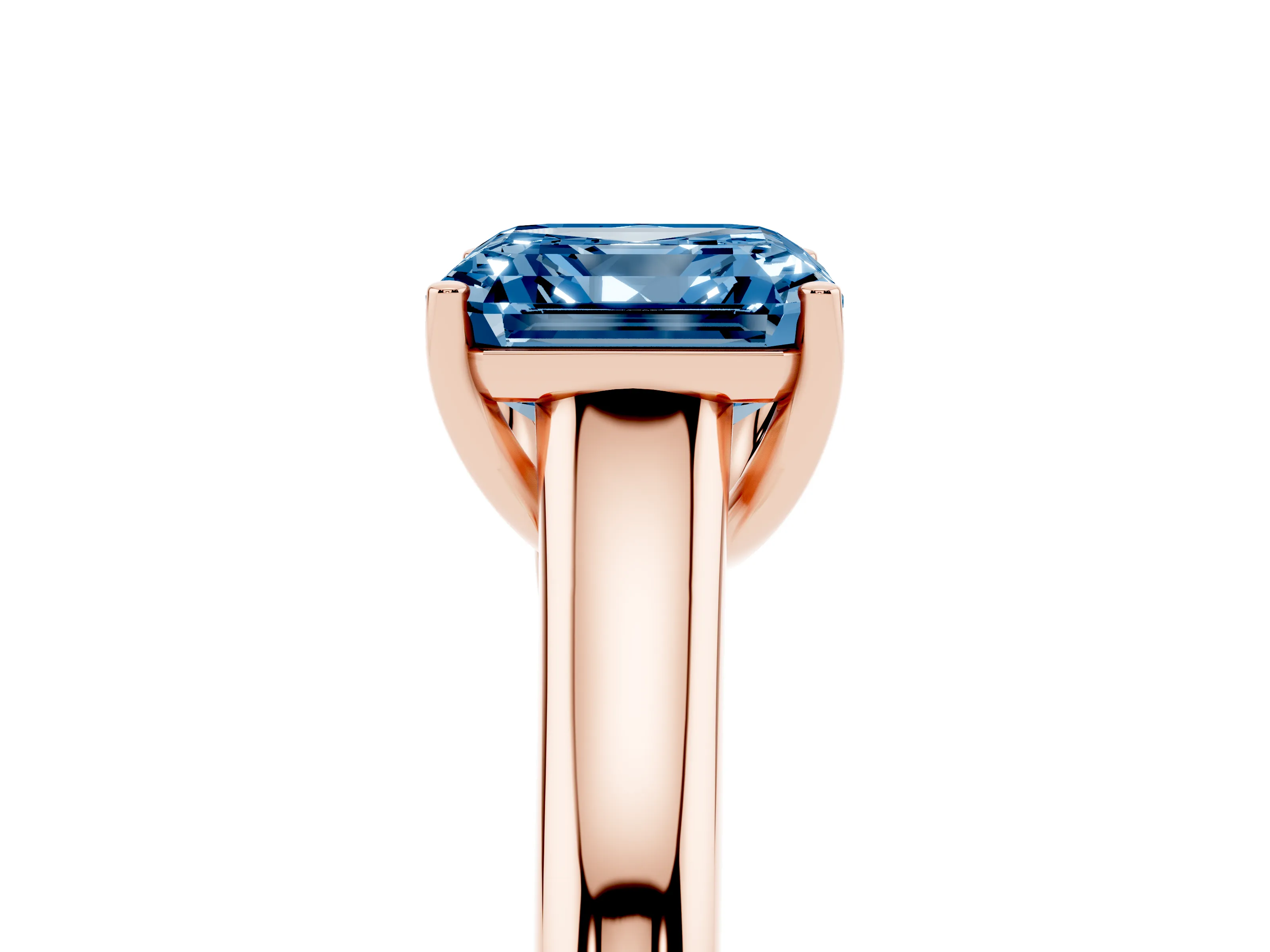 Fancy Blue Asscher Cut Diamond Solitaire Engagement Ring Set in Rose gold with Subtly Tapered Band and Prong Setting