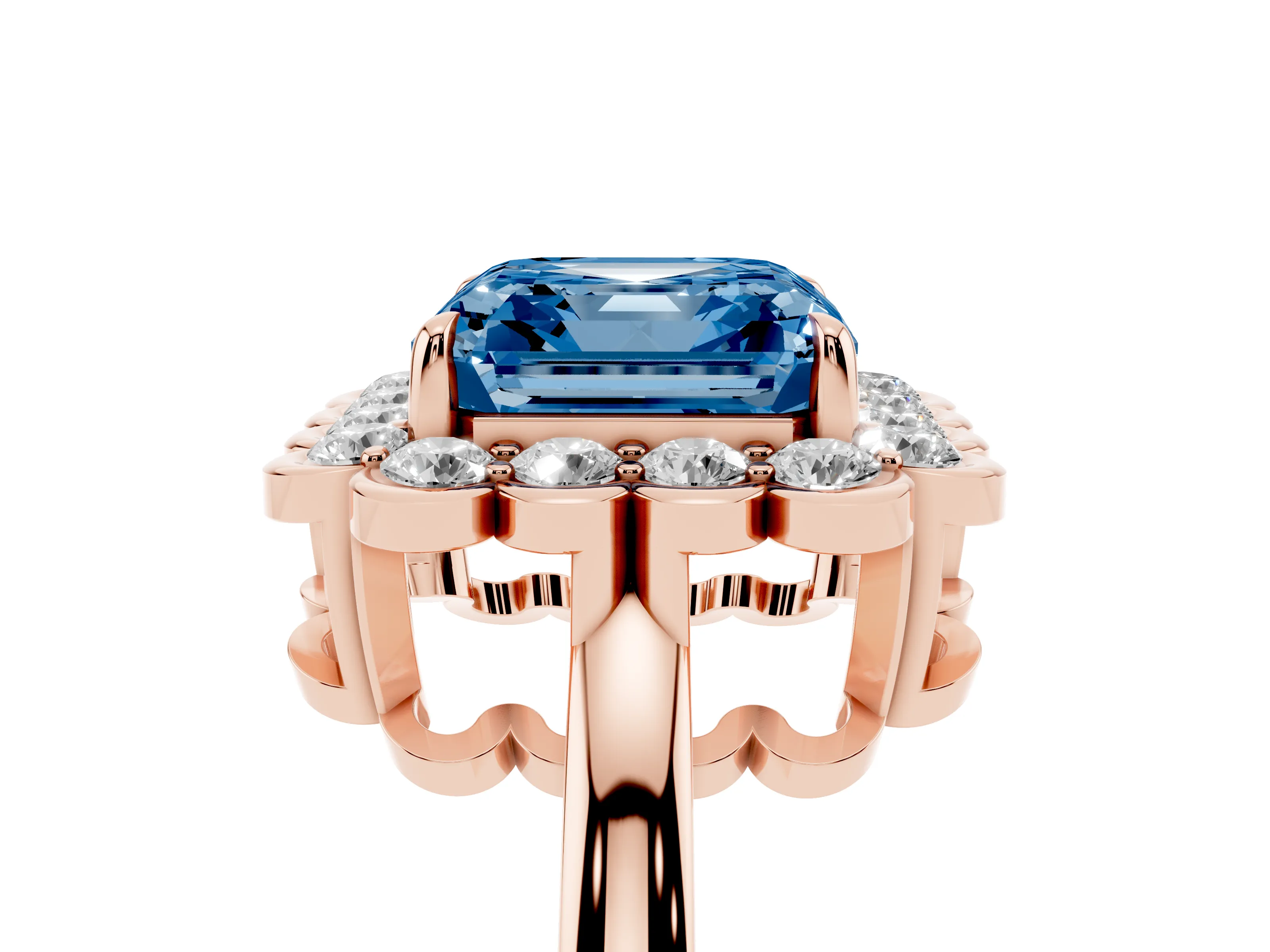 Fancy Blue Asscher Cut Diamond Halo Cluster Engagement Ring Set in Rose gold with Solitaire Band and Prong Setting