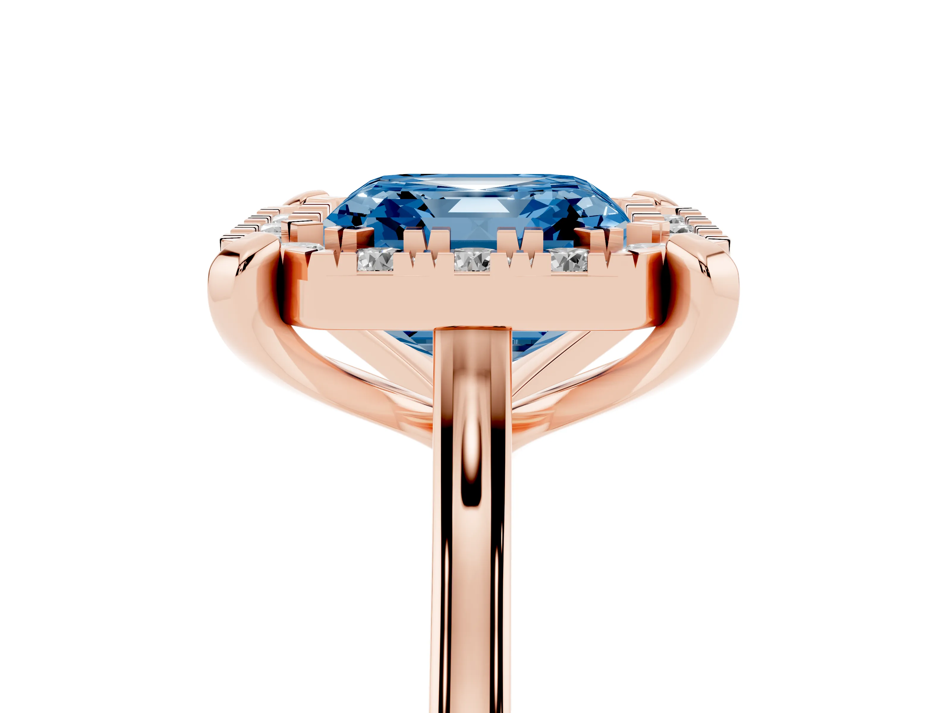 Fancy Blue Asscher Cut Diamond Cluster Halo Solitaire Ring Set in Rose gold with Prong Setting