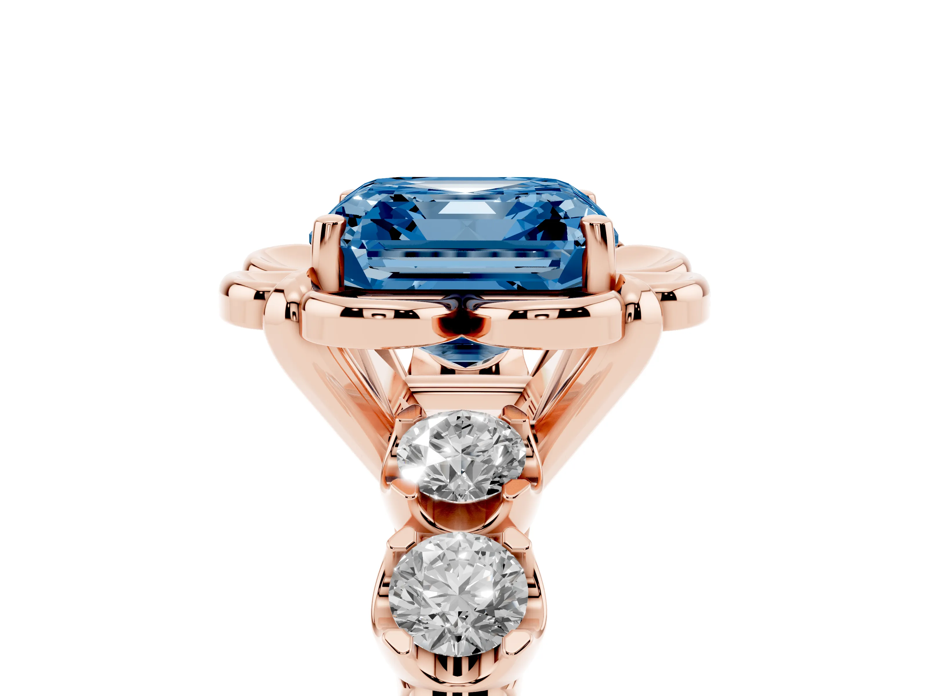 Fancy Blue Asscher Cut Diamond Floral Halo Ring Set in Rose gold with Shared Prong Band