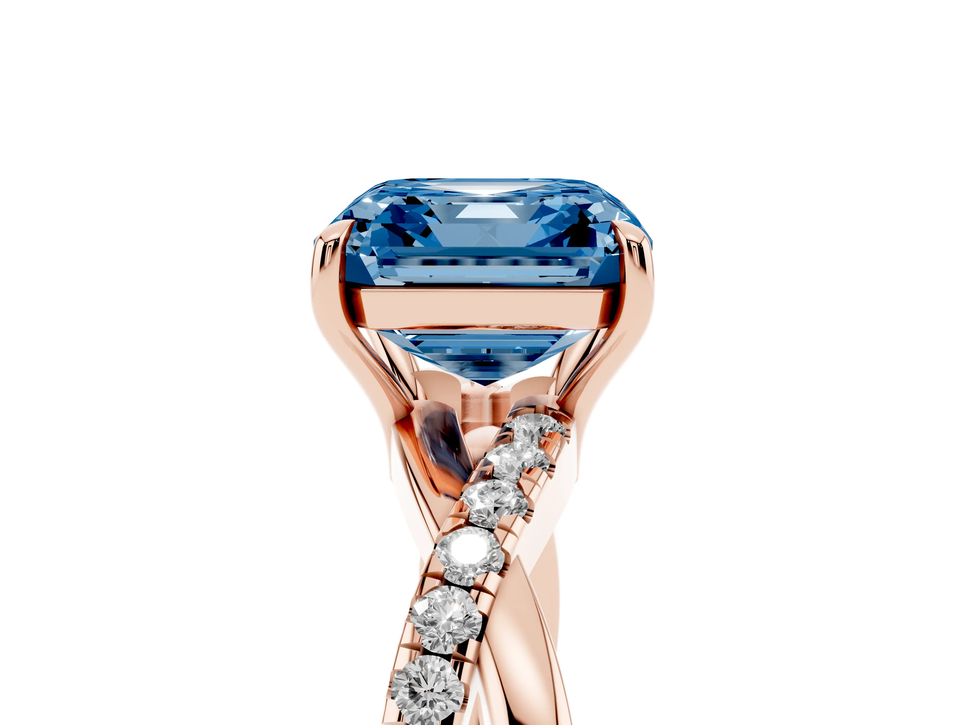 Fancy Blue Asscher Cut Diamond Twisted Pavé Band Ring Set in Rose gold with Prong Setting