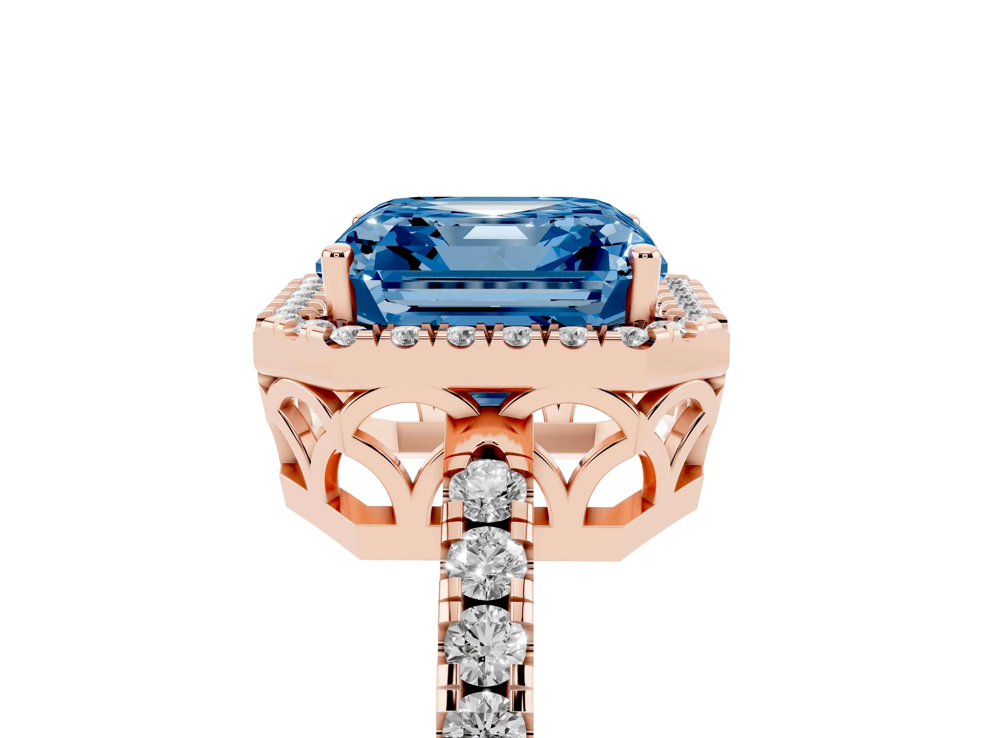 Fancy Blue Asscher Cut Diamond Pavé Band Halo Engagement Ring Set in Rose gold with Prong Setting
