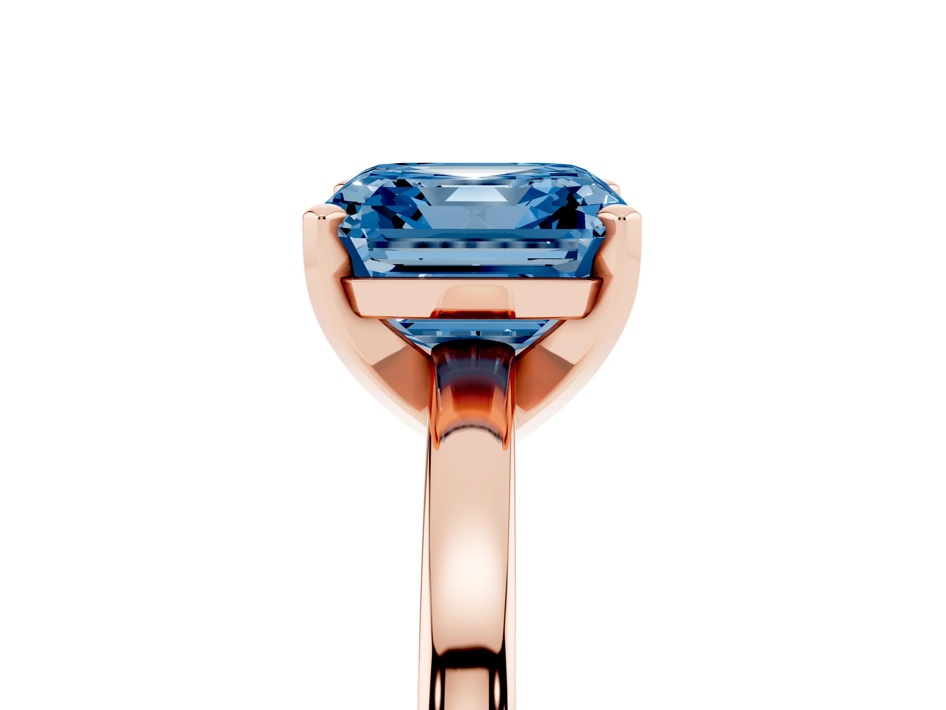 Fancy Blue Asscher Cut Diamond Solitaire Engagement Ring Set in Rose gold with Prong Setting on a Classic Band