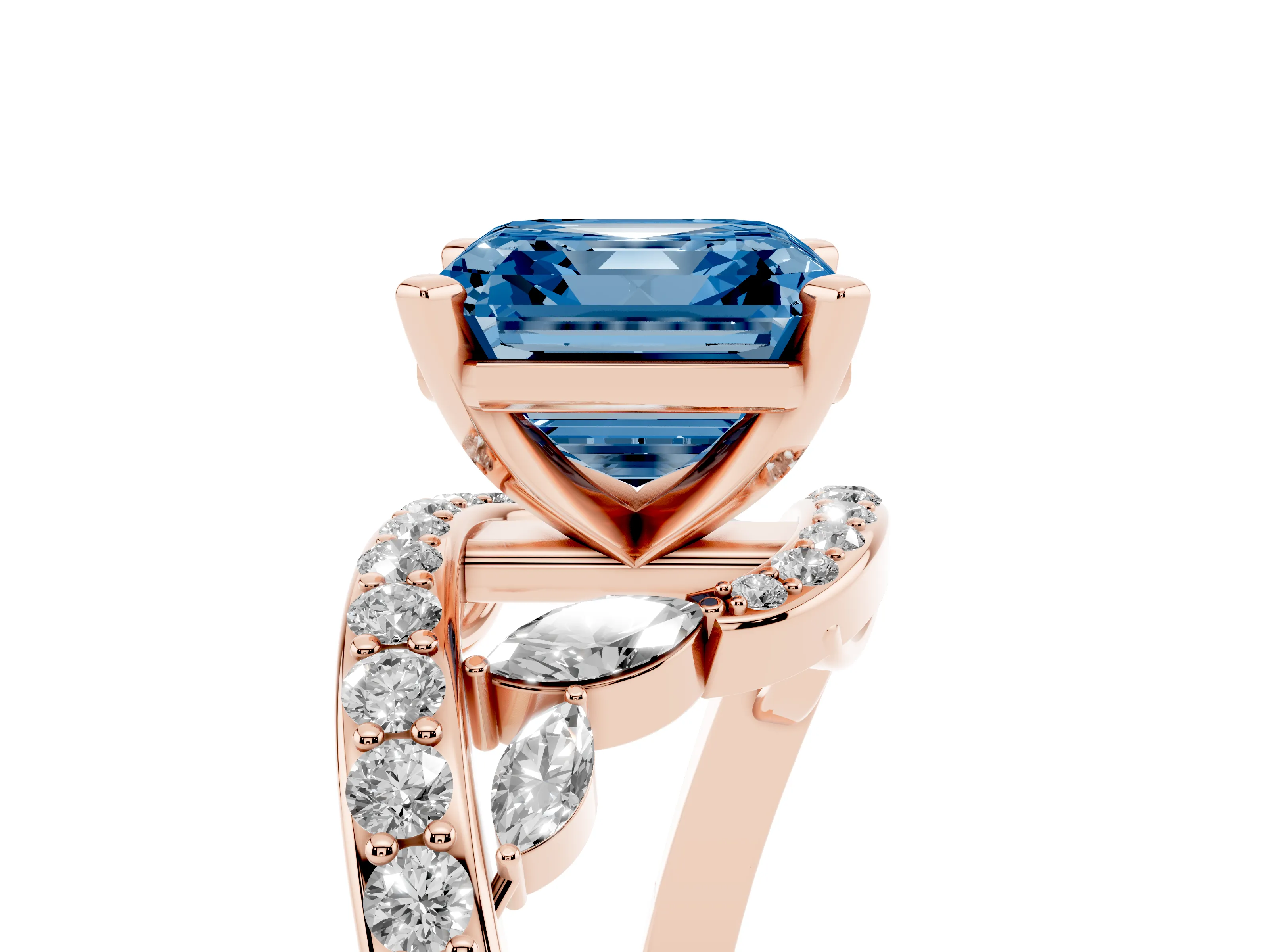 Fancy Blue Asscher Cut Diamond Solitaire Ring Set in Rose gold with Pavé Twist Band and Secure Prong Setting