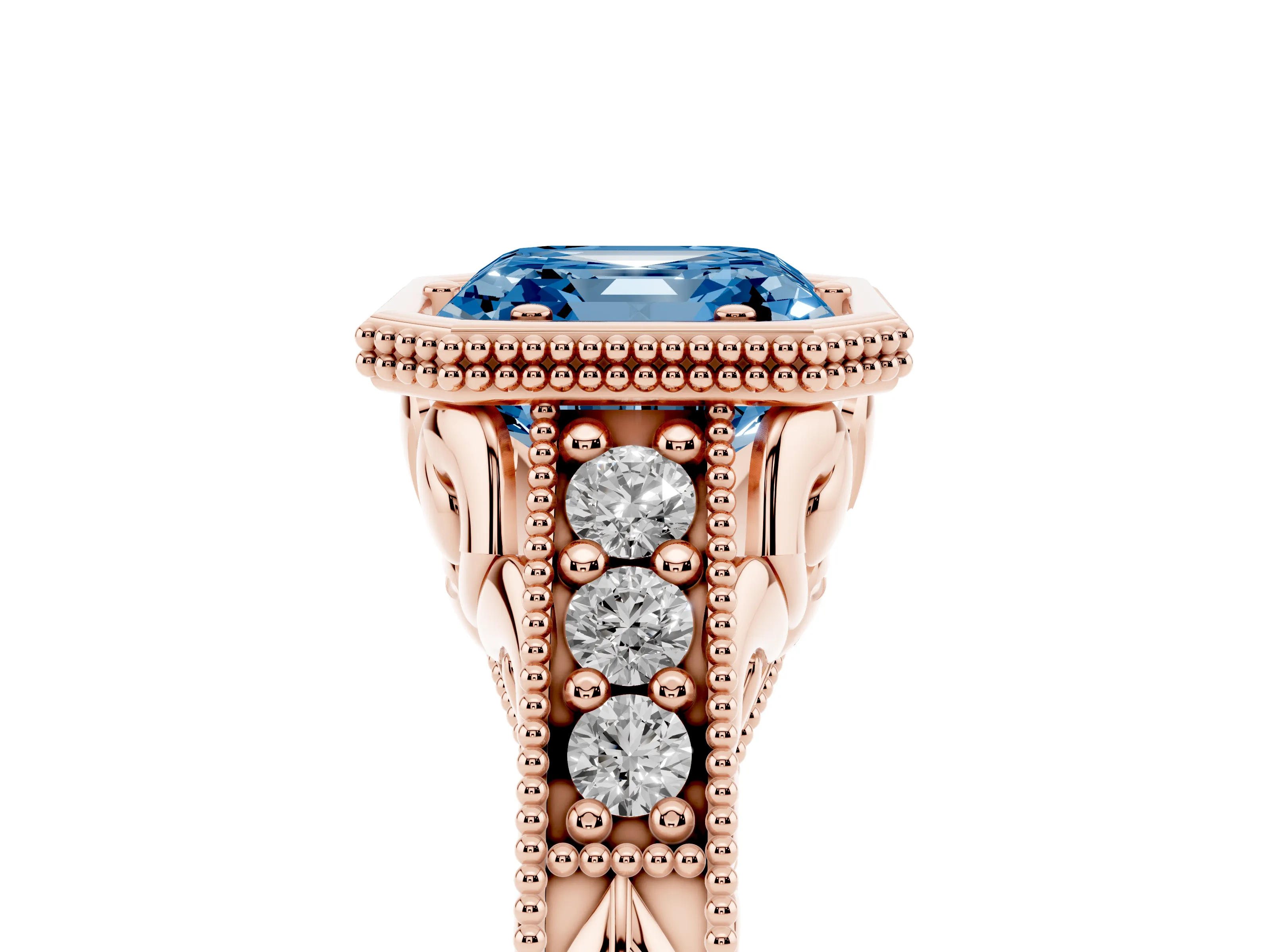 Fancy Blue Bezel Set Asscher Cut Diamond Milgrain Pavé Engagement Ring Set in Rose gold