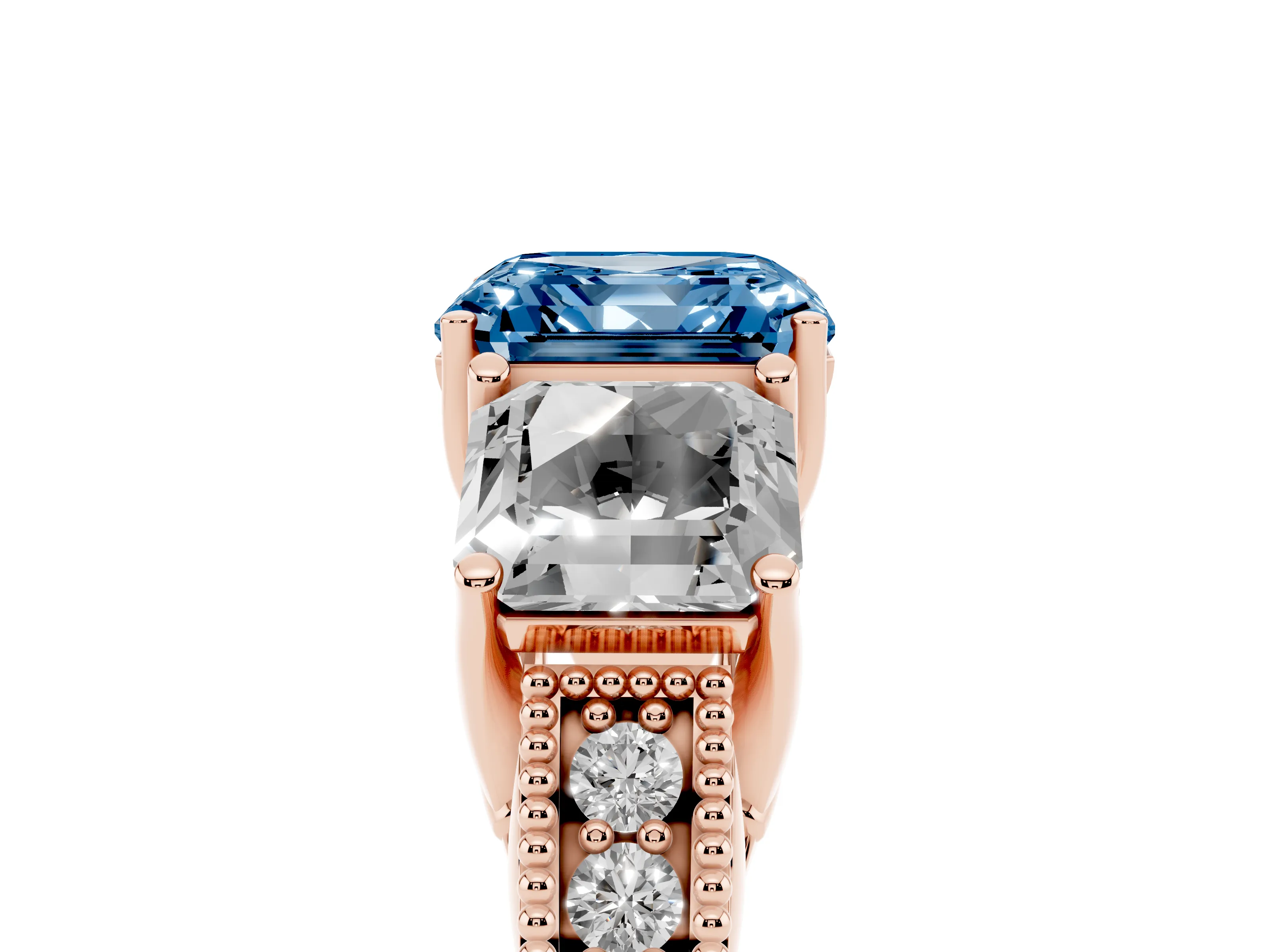 Fancy Blue Asscher Cut Diamond Three-Stone Engagement Ring Set in Rose gold with Milgrain Pavé Band