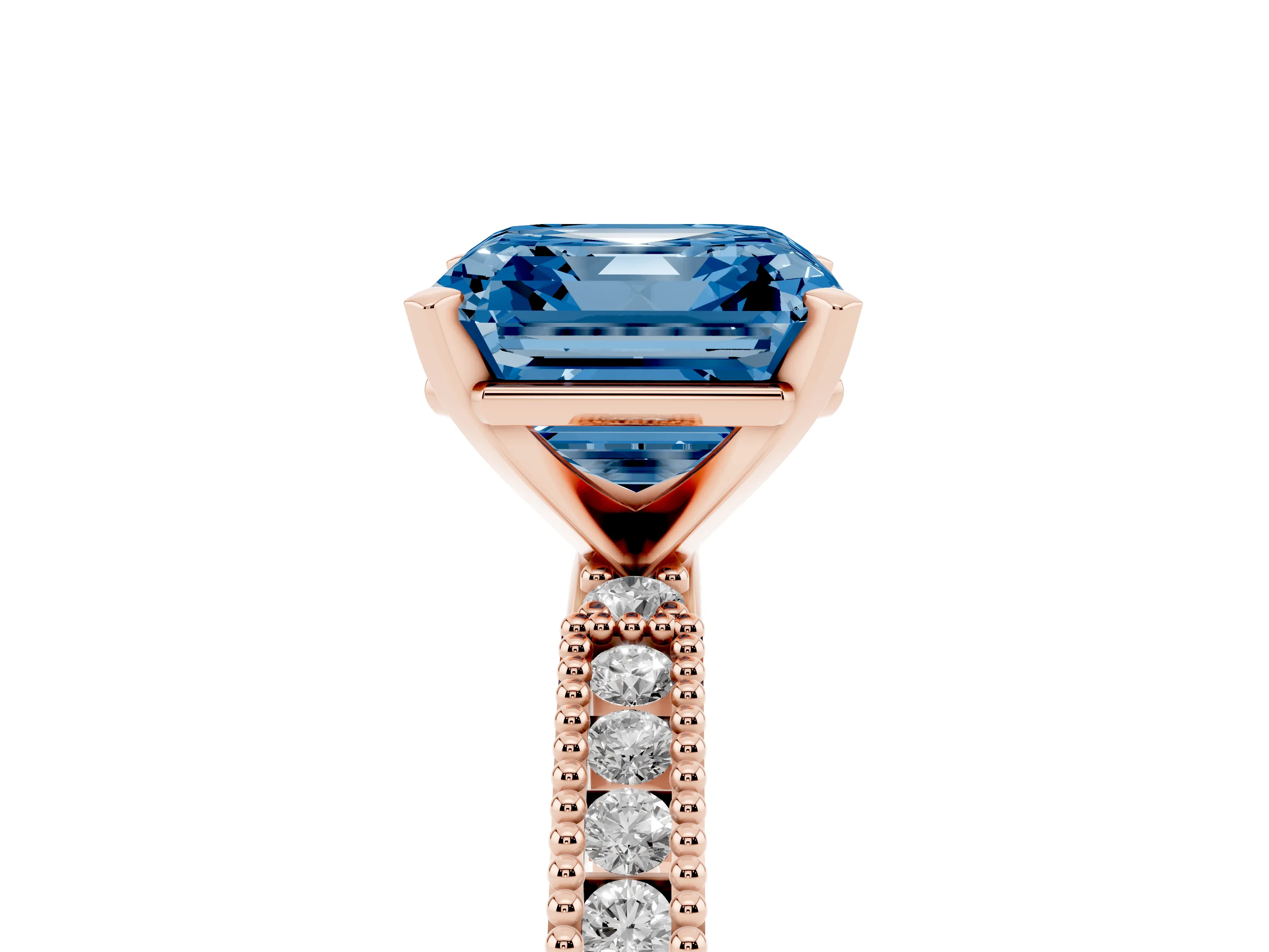 Fancy Blue Asscher Cut Diamond Solitaire Ring Set in Rose gold with Slim Pavé Band and Prong Setting