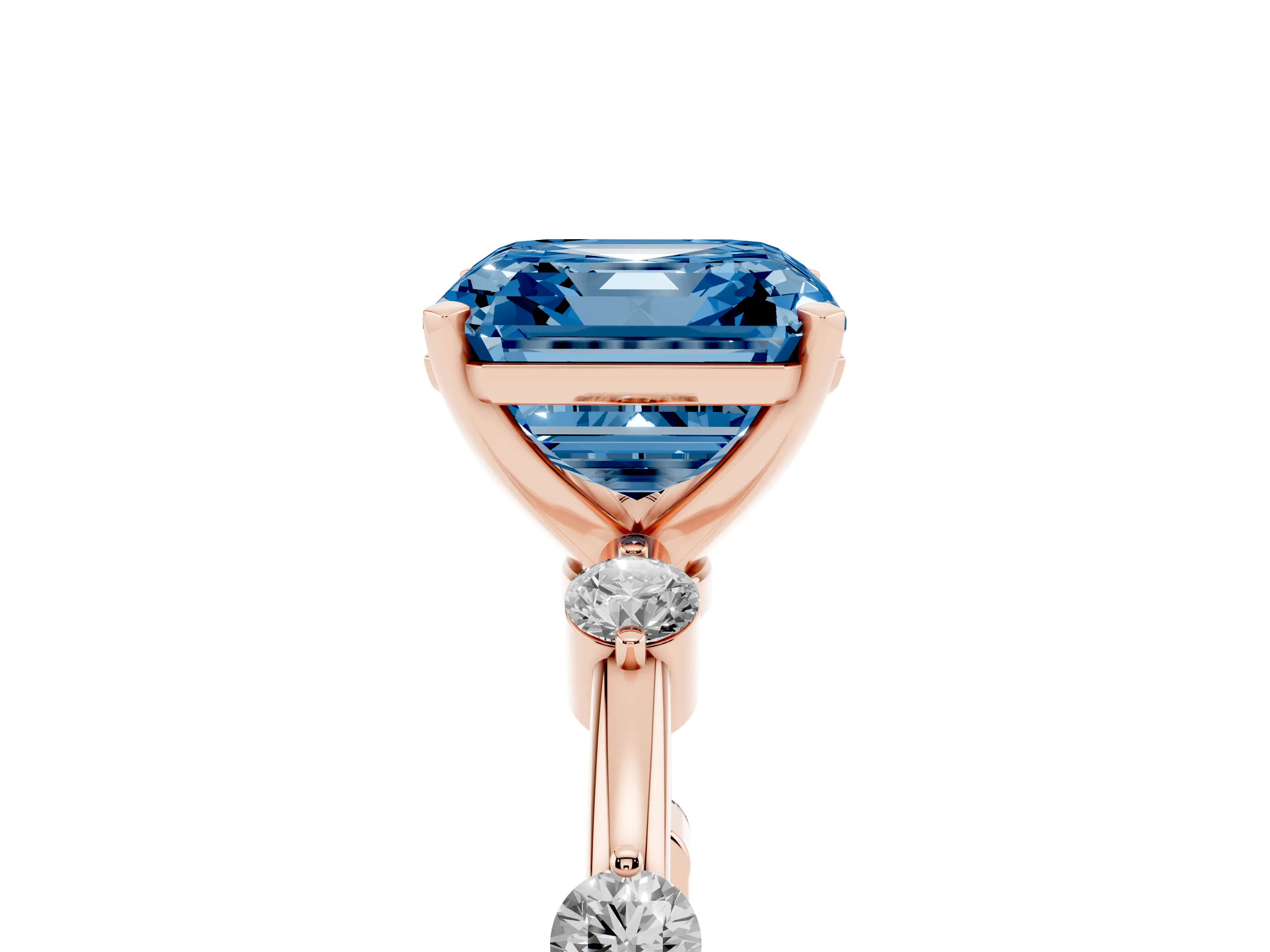 Fancy Blue Asscher Cut Diamond Solitaire Ring Set in Rose gold with Bezel Set Side Stones and Prong Setting