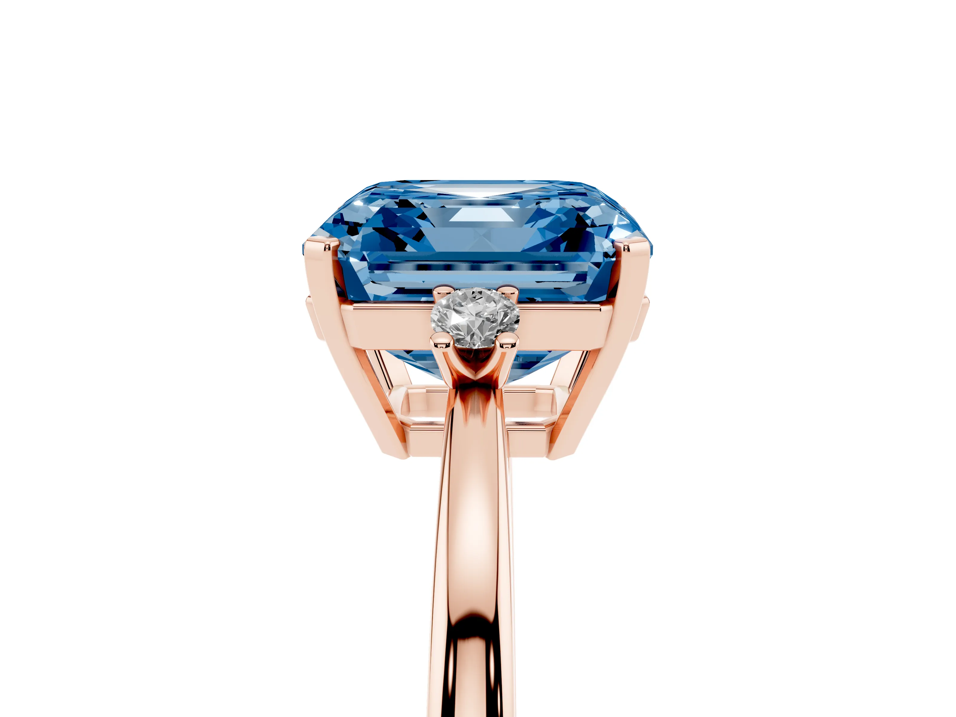 Fancy Blue Three-Stone Asscher Cut Diamond Solitaire Ring Set in Rose gold with Round Accent Stones and Prong Setting