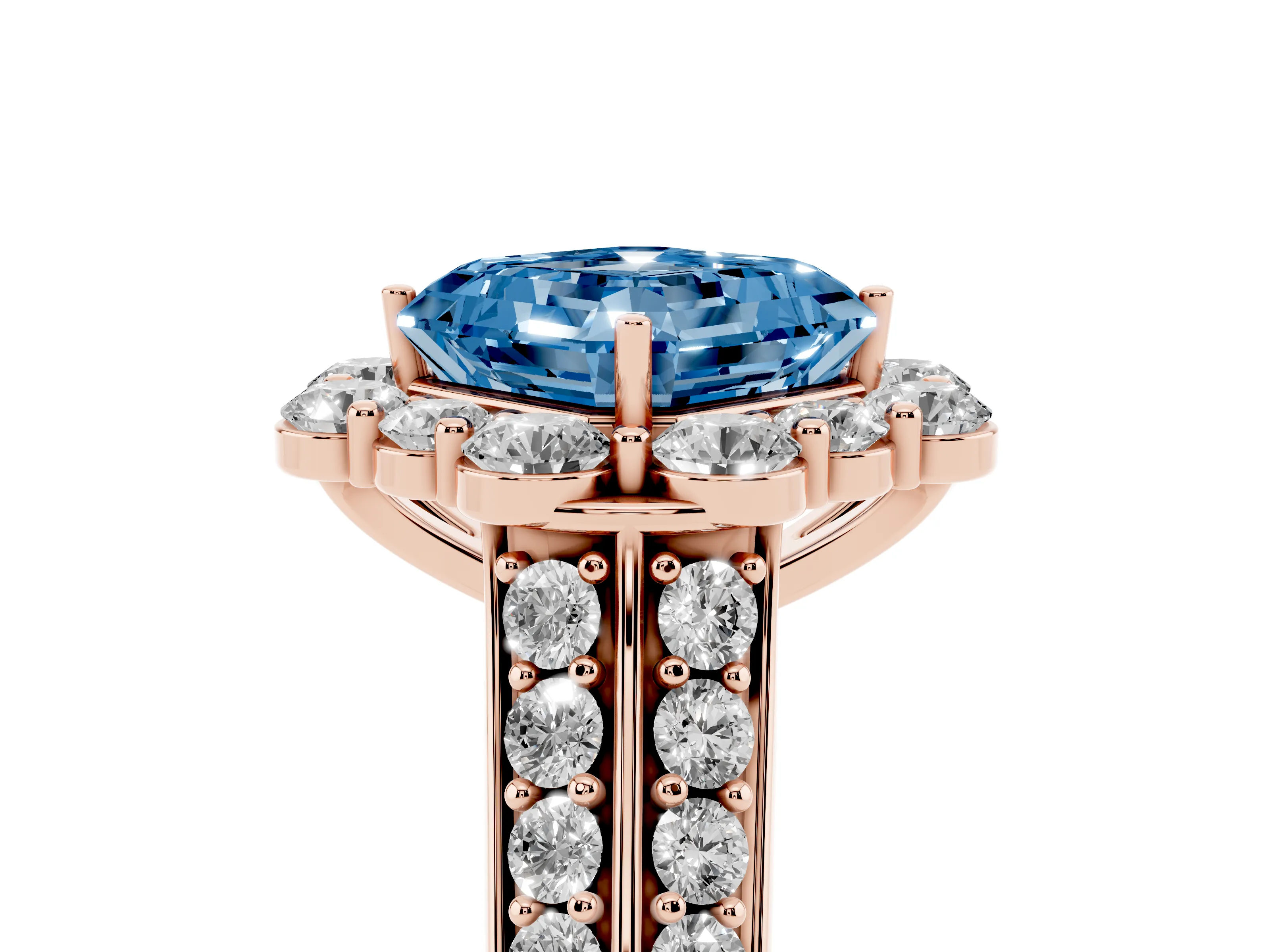 Fancy Blue Asscher Cut Diamond Halo Engagement Ring Set in Rose gold with Split Shank and Prong Setting