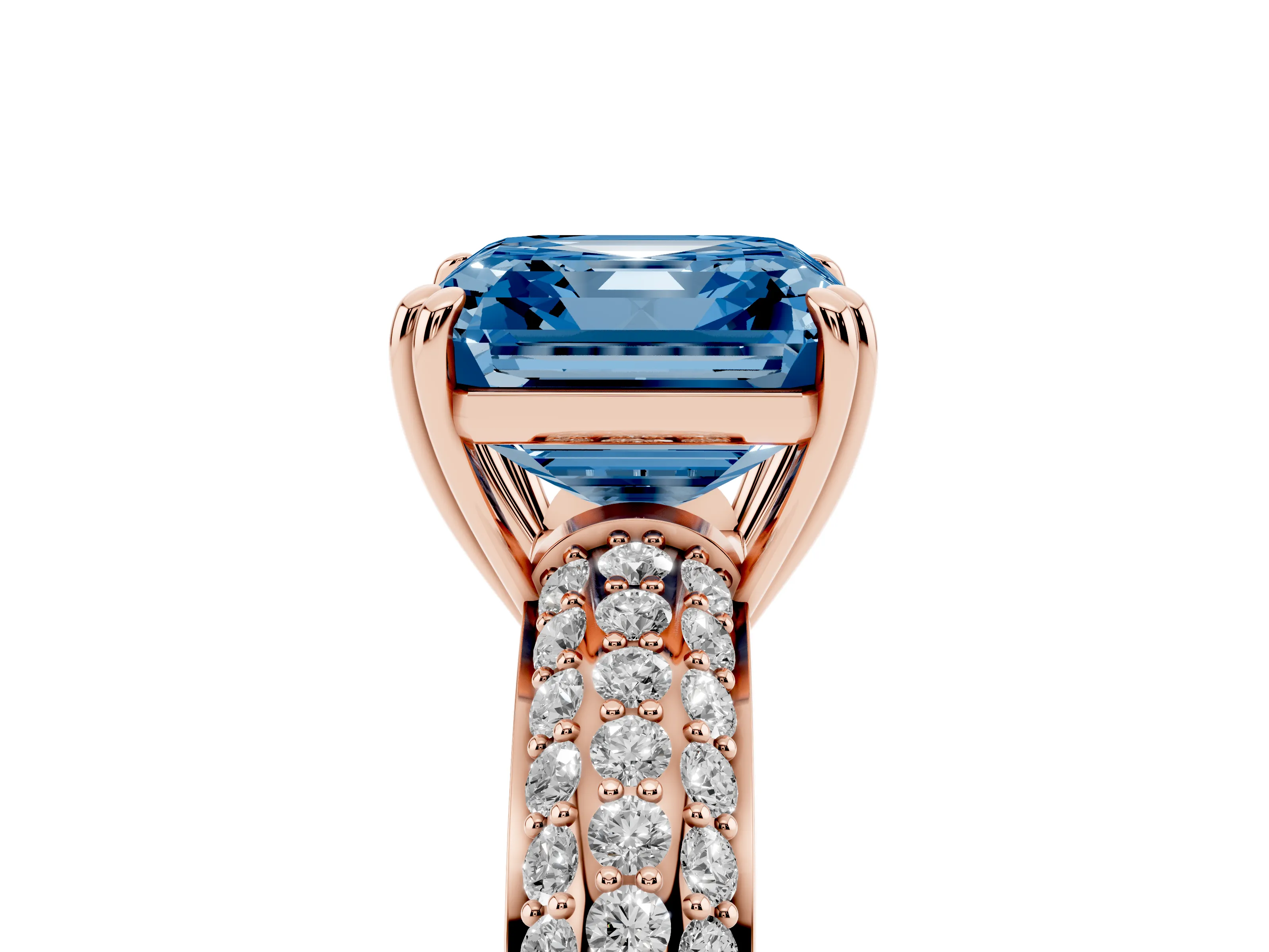 Fancy Blue Asscher Cut Diamond Solitaire Ring Set in Rose gold with Multi-Row Round Pavé Band and Prong Setting