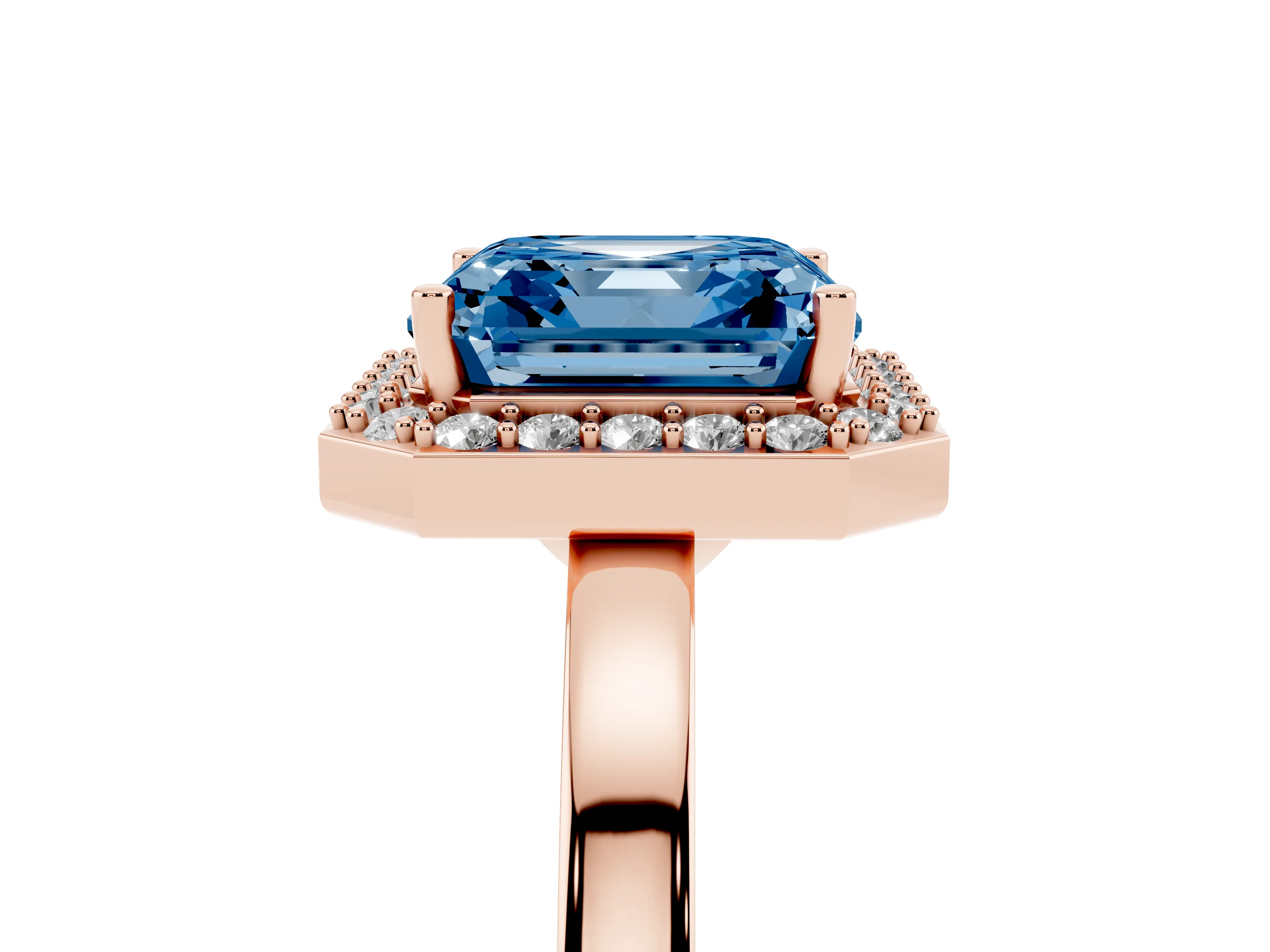 Fancy Blue Asscher Cut Diamond Halo Ring Set in Rose gold with Solitaire Band and Prong Setting