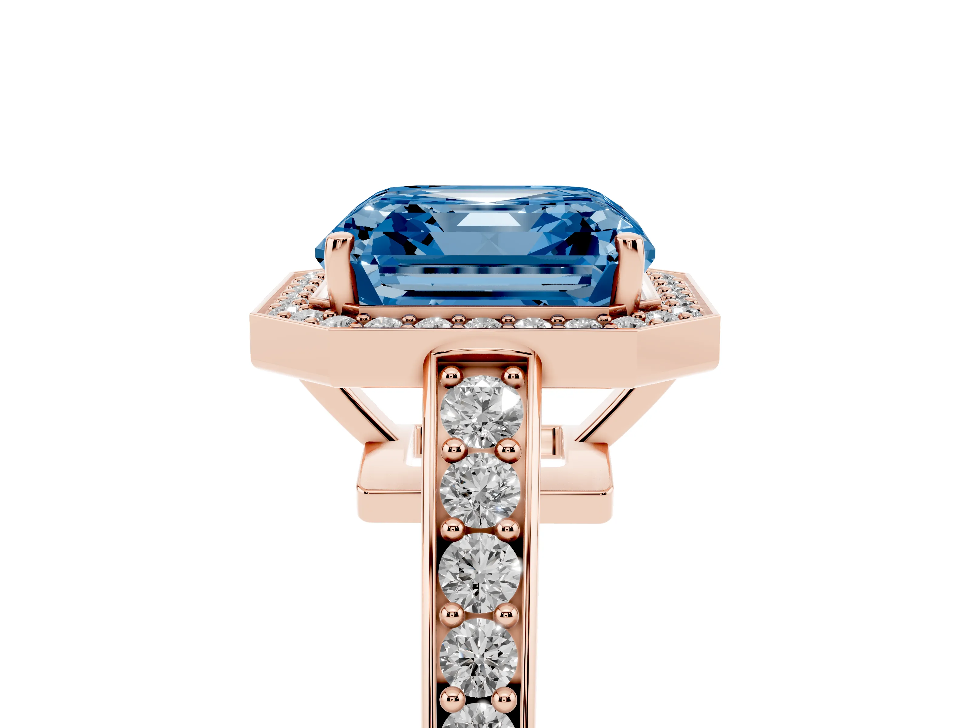 Fancy Blue Asscher Cut Diamond Halo Pavé Engagement Ring Set in Rose gold with Bezel Setting
