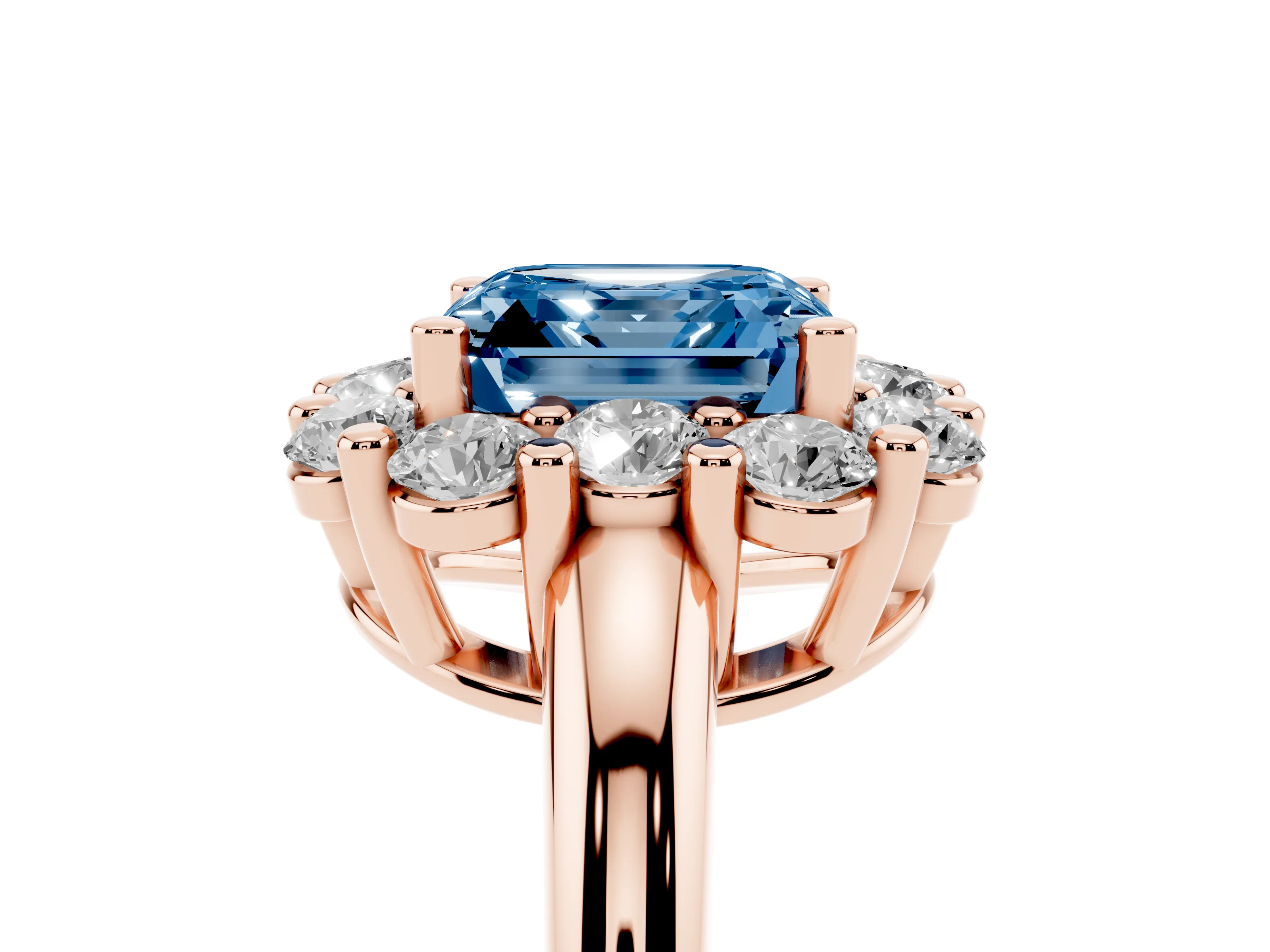 Fancy Blue Asscher Cut Diamond Halo Cluster Engagement Ring Set in Rose gold with Polished Band and Prong Setting