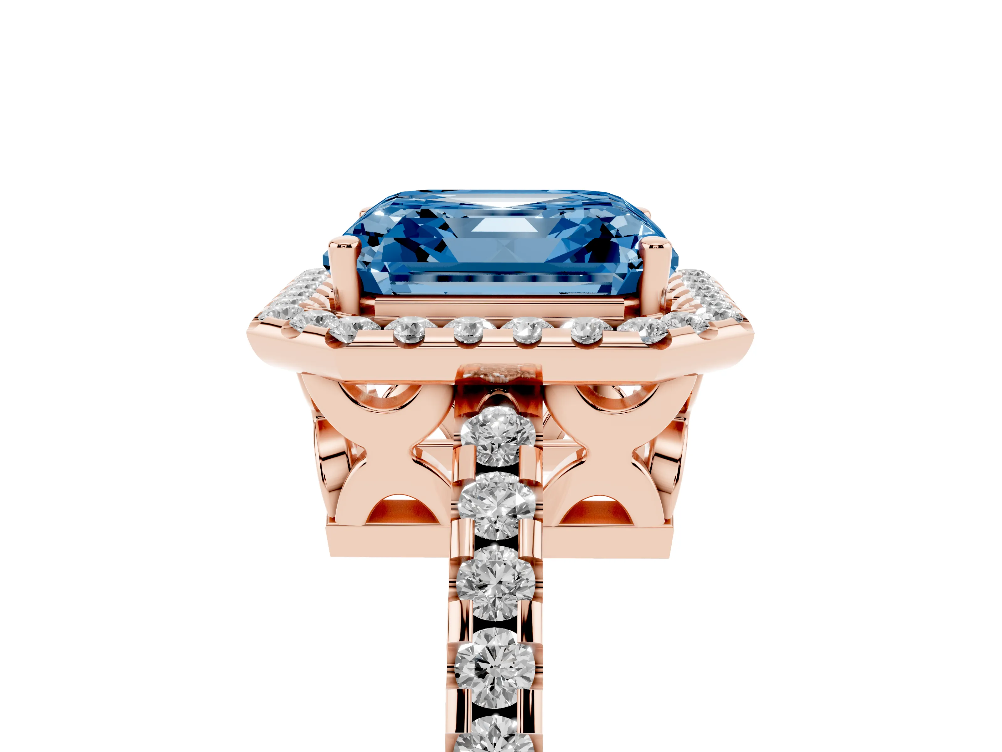 Fancy Blue Asscher Cut Diamond Halo Ring Set in Rose gold with Pavé Shoulders and Halo-Framed Center