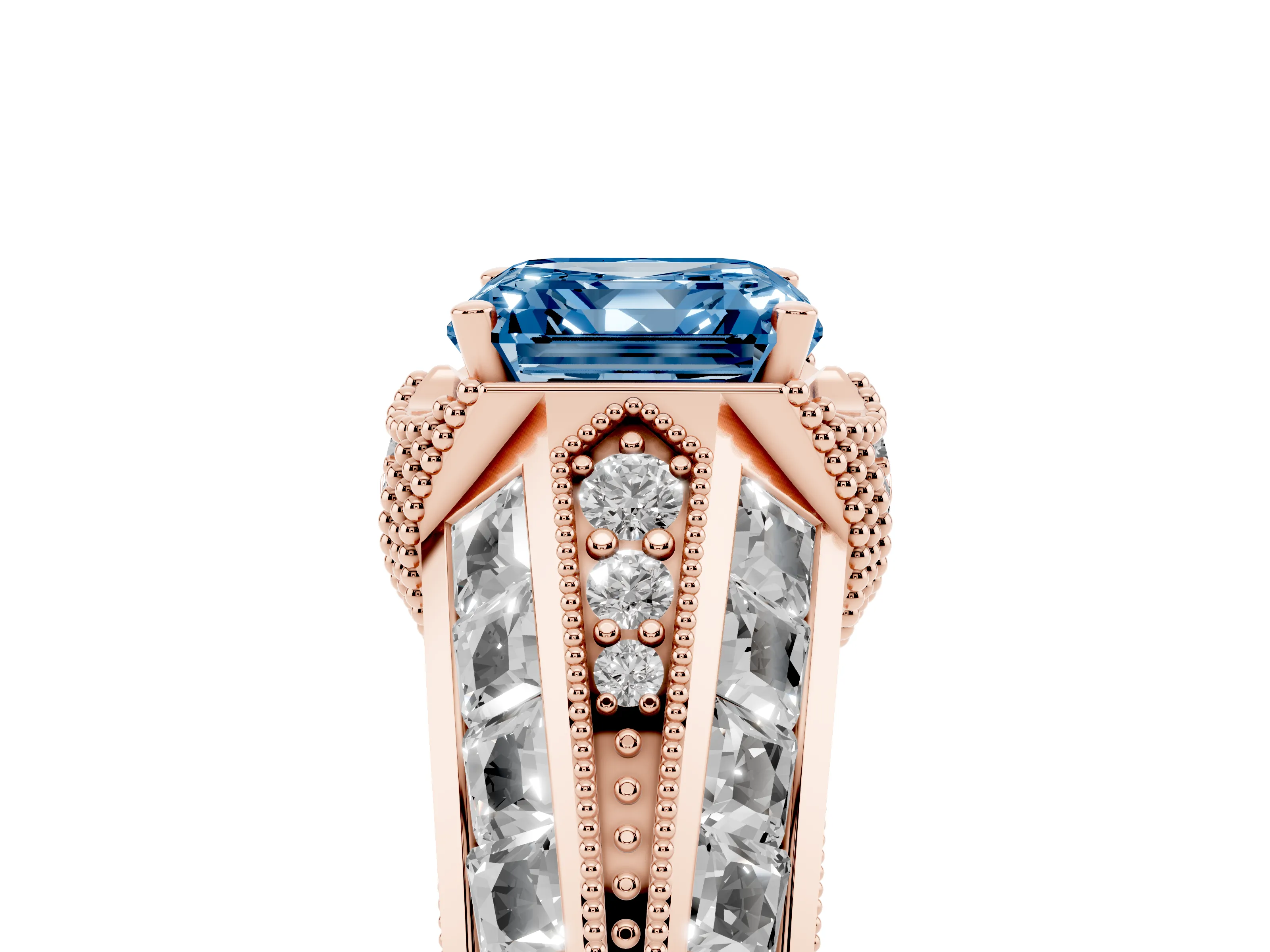 Fancy Blue Asscher Cut Diamond Vintage-Inspired Milgrain Ring Set in Rose gold with Accent Split Shank