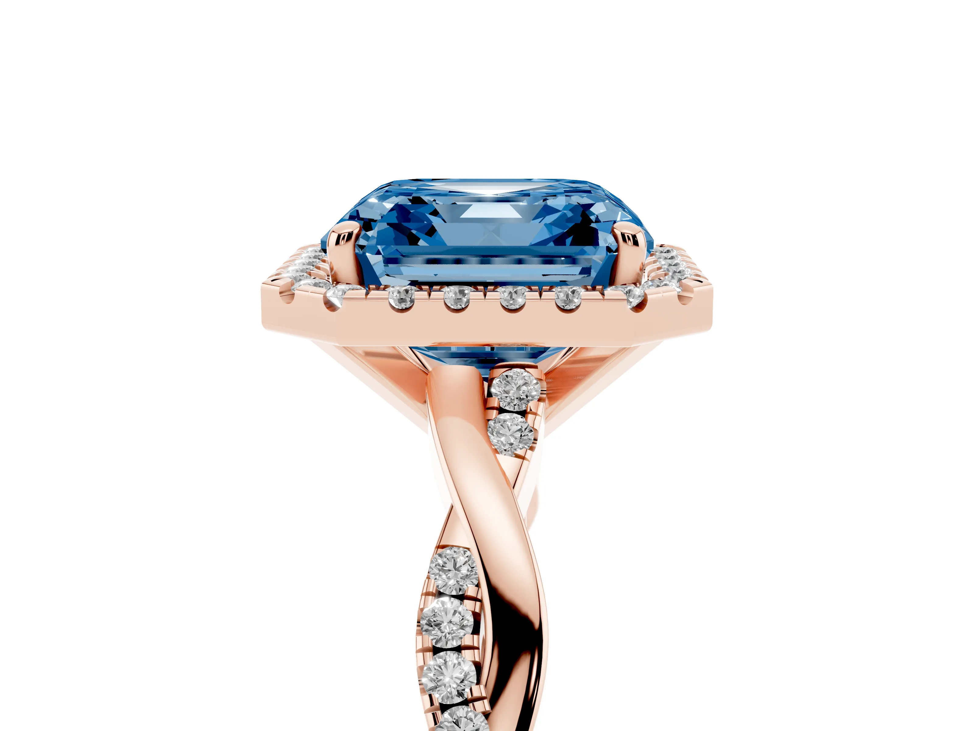 Fancy Blue Asscher Cut Diamond Halo Twisted Band Ring Set in Rose gold with Prong Setting