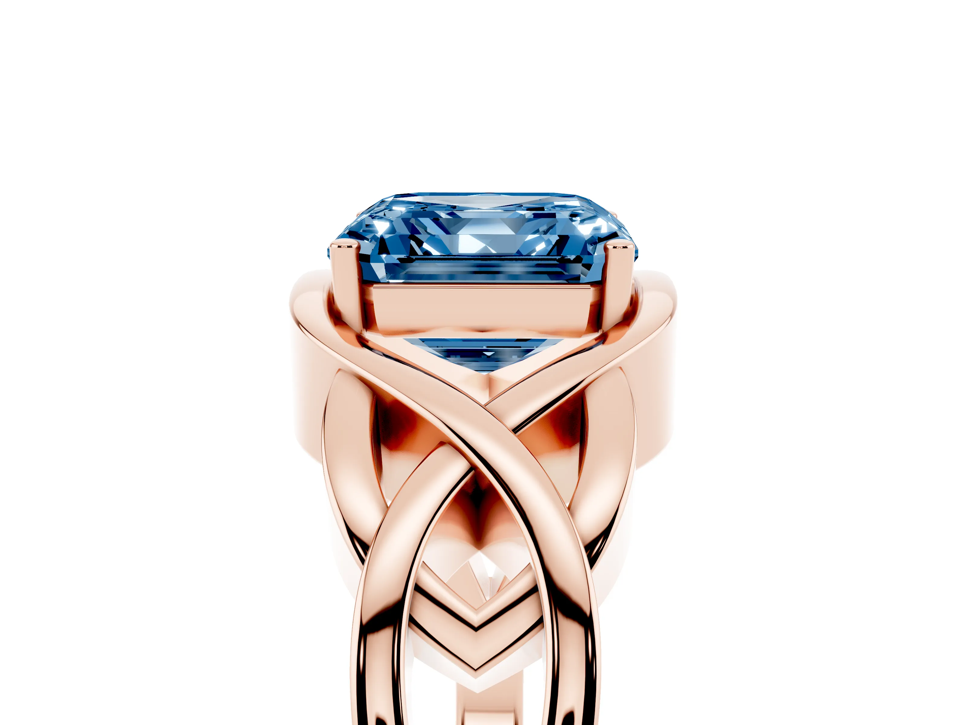 Fancy Blue Asscher Cut Diamond Solitaire Ring Set in Rose gold with Intertwined Band